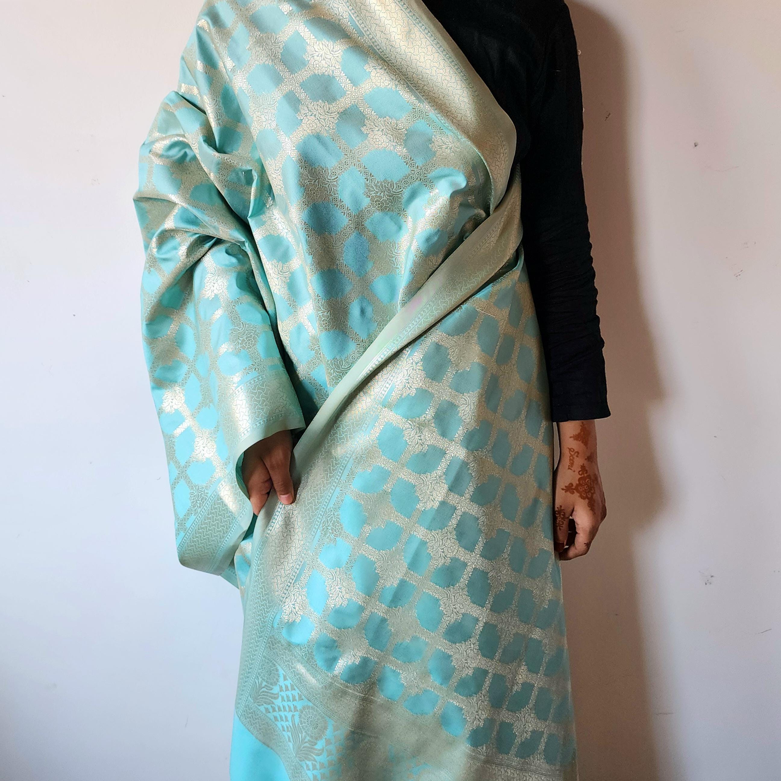 Aqua Blue Banarasi Dupatta - Golden Lattice Weave