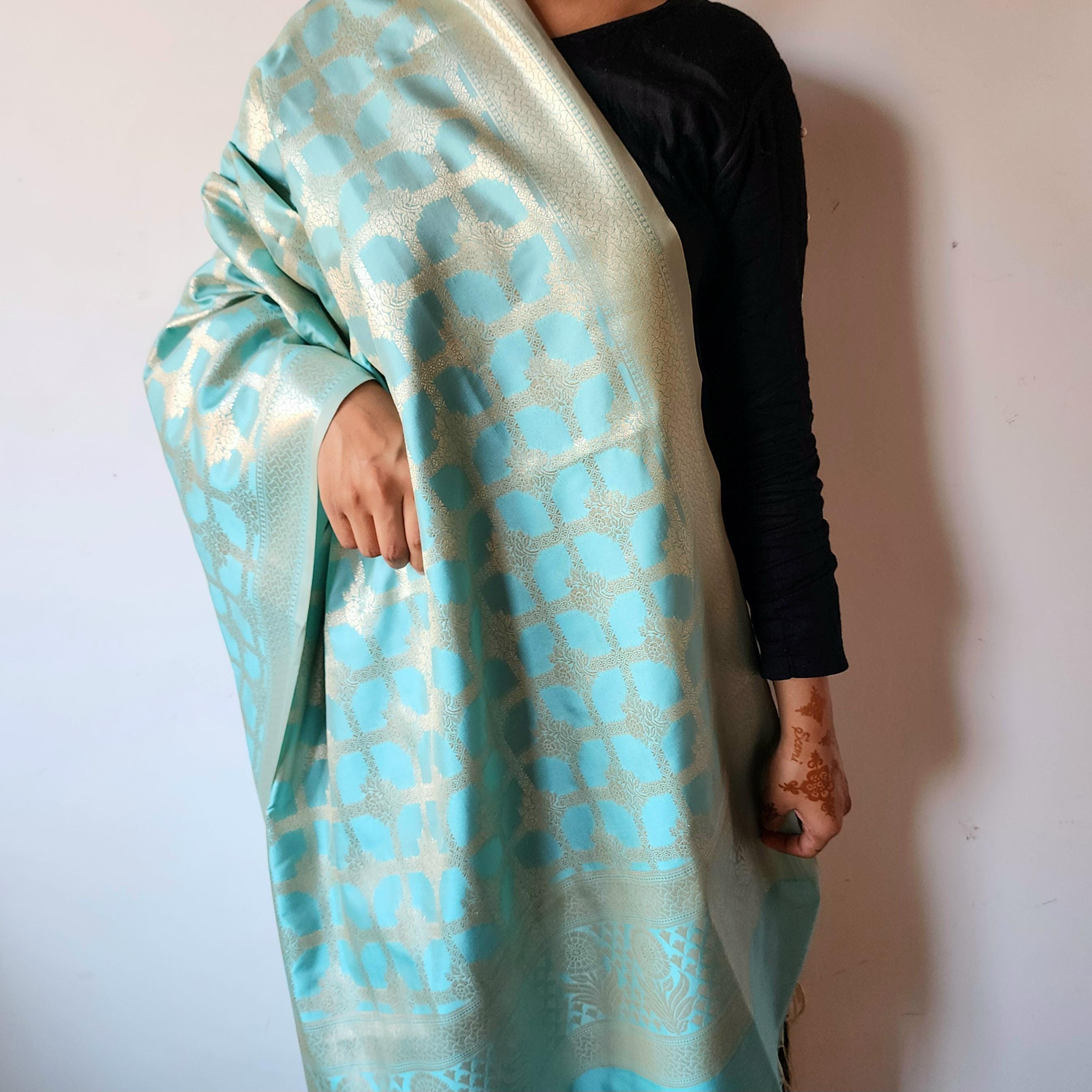 Aqua Blue Banarasi Dupatta Handwoven Lattice Zari, Fresh Festive Vibe