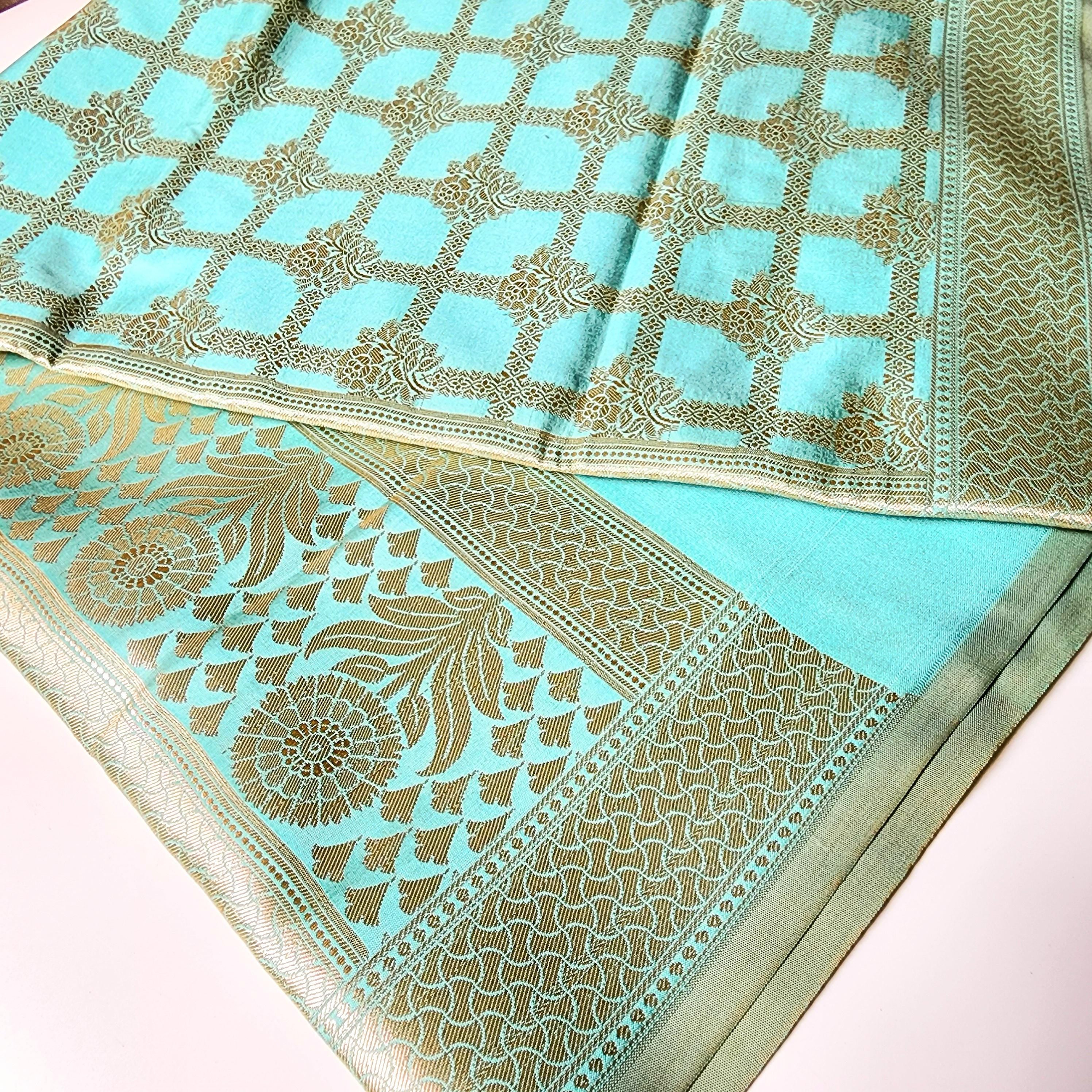Aqua Blue Banarasi Dupatta - Golden Lattice Weave