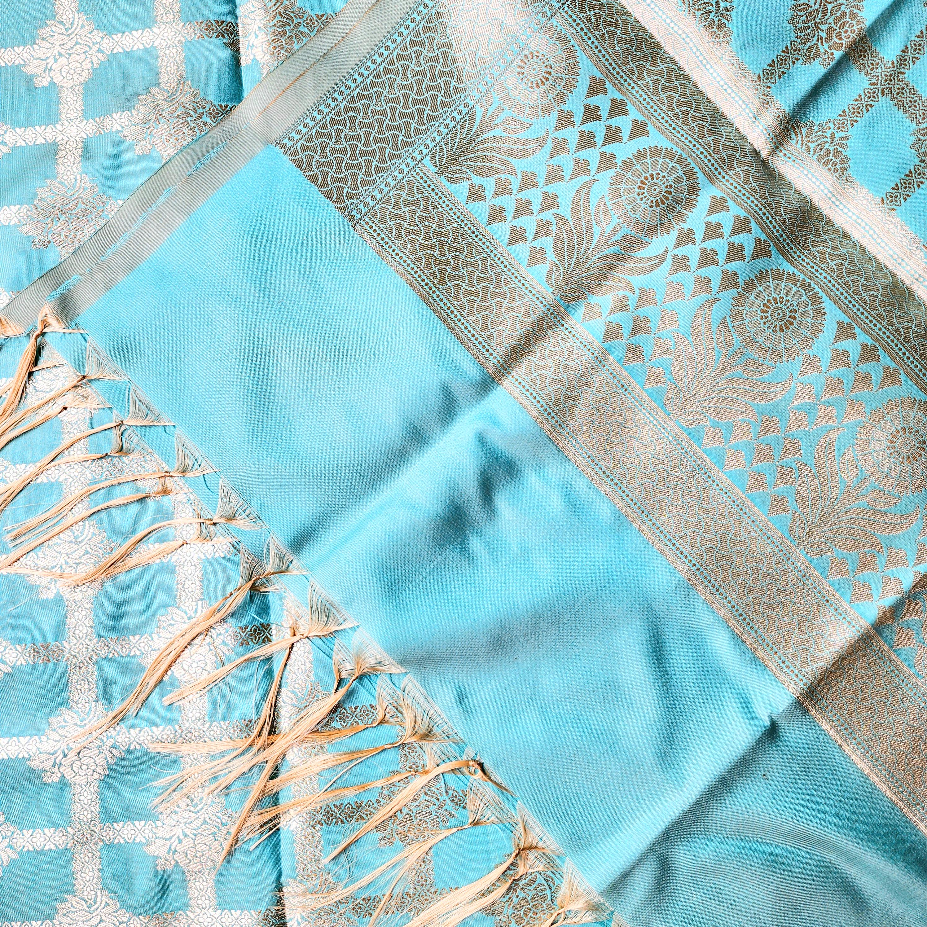 Aqua Blue Banarasi Dupatta - Golden Lattice Weave
