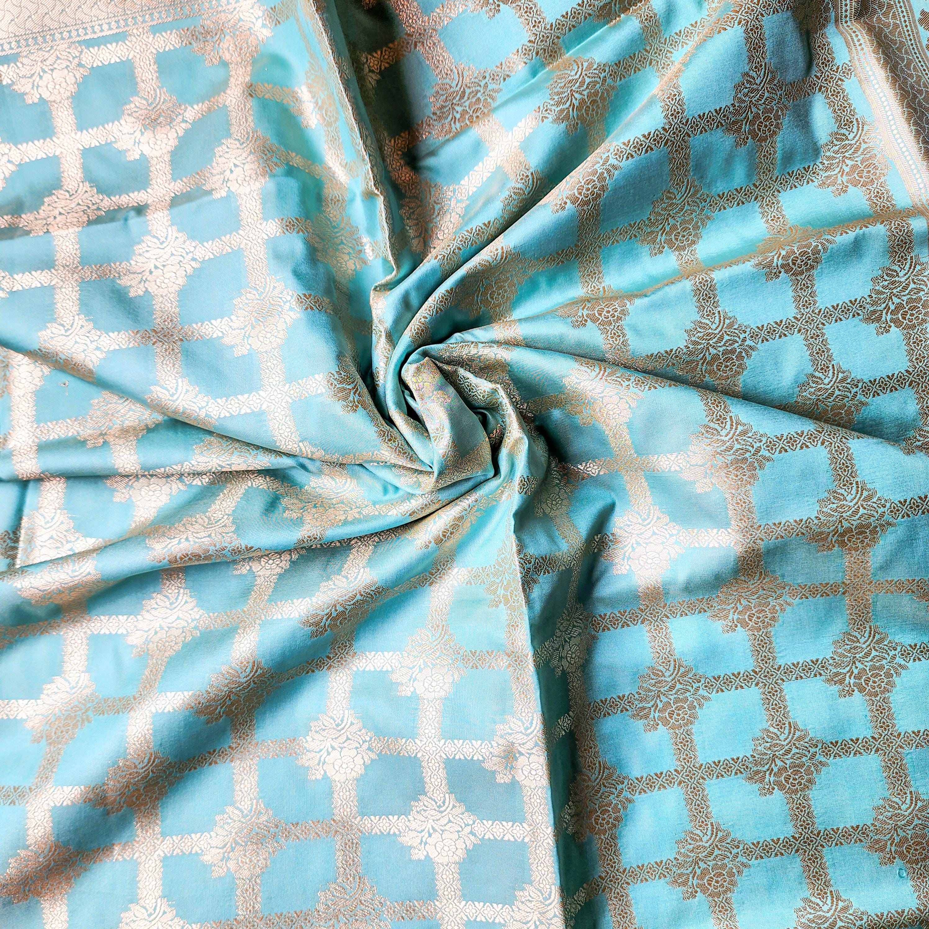 Aqua Blue Banarasi Dupatta - Golden Lattice Weave