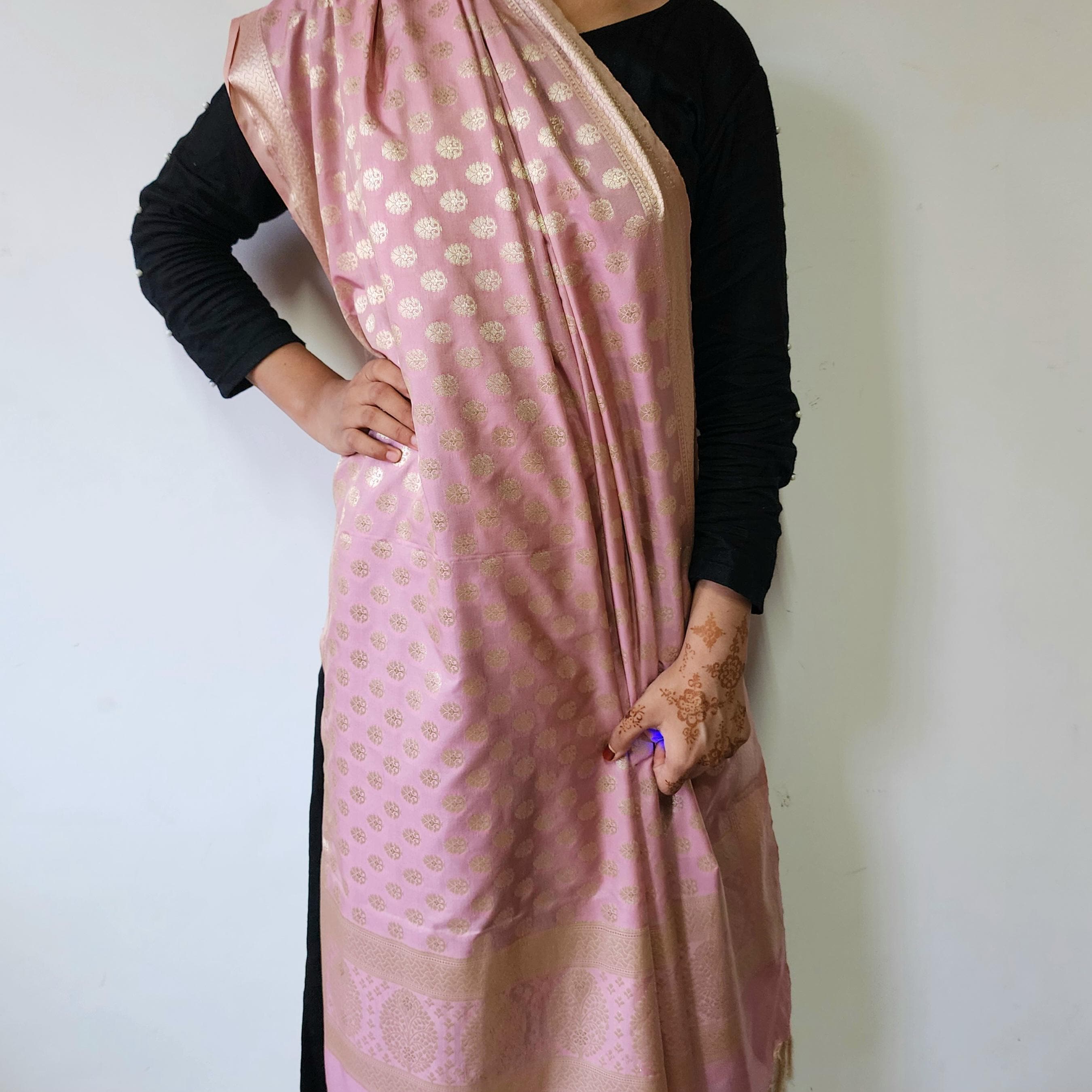 Baby Blush Pink Banarasi Dupatta Soft Gold Dots, Chic Minimal Festive Wear