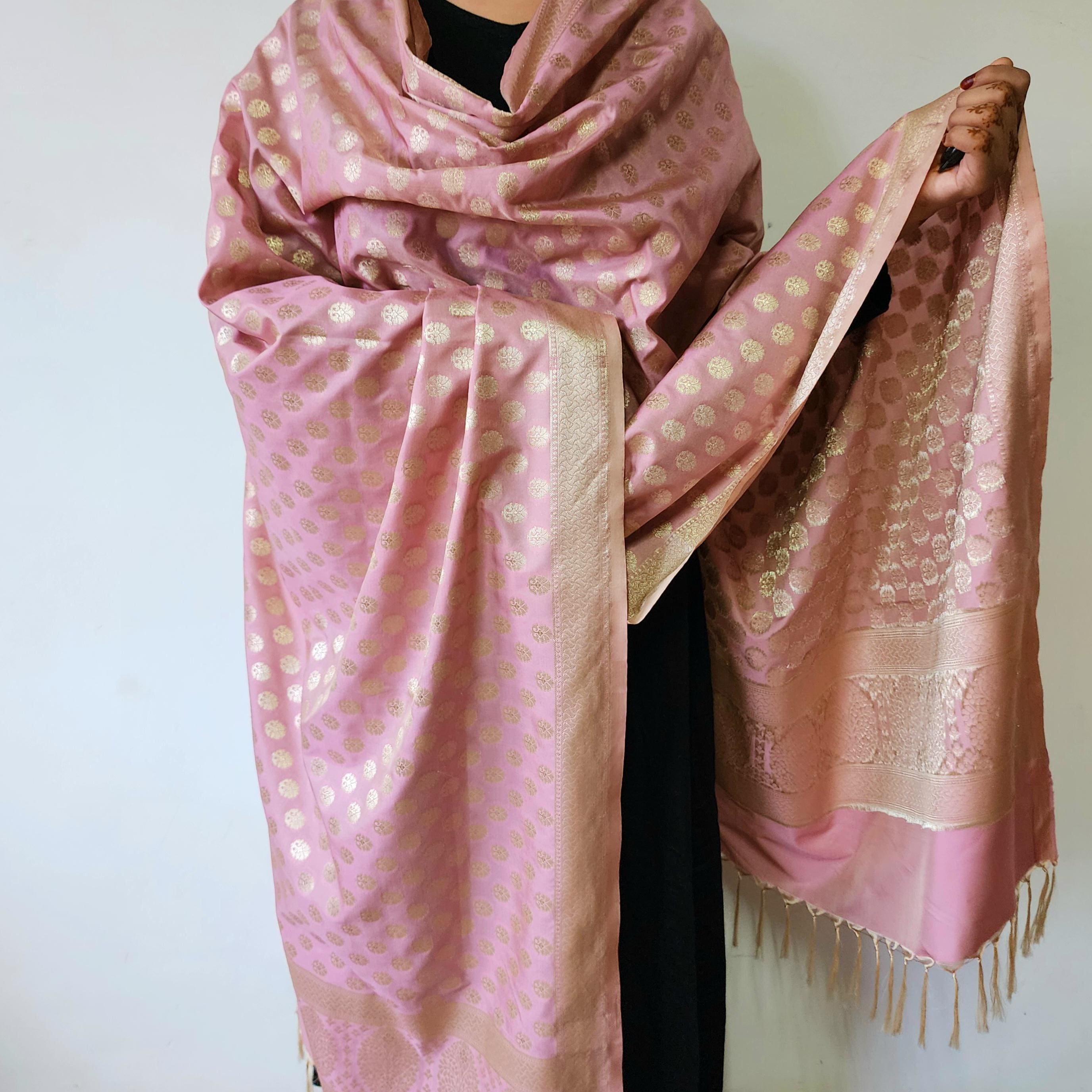 Baby Blush Pink Banarasi Dupatta Soft Gold Dots, Chic Minimal Festive Wear