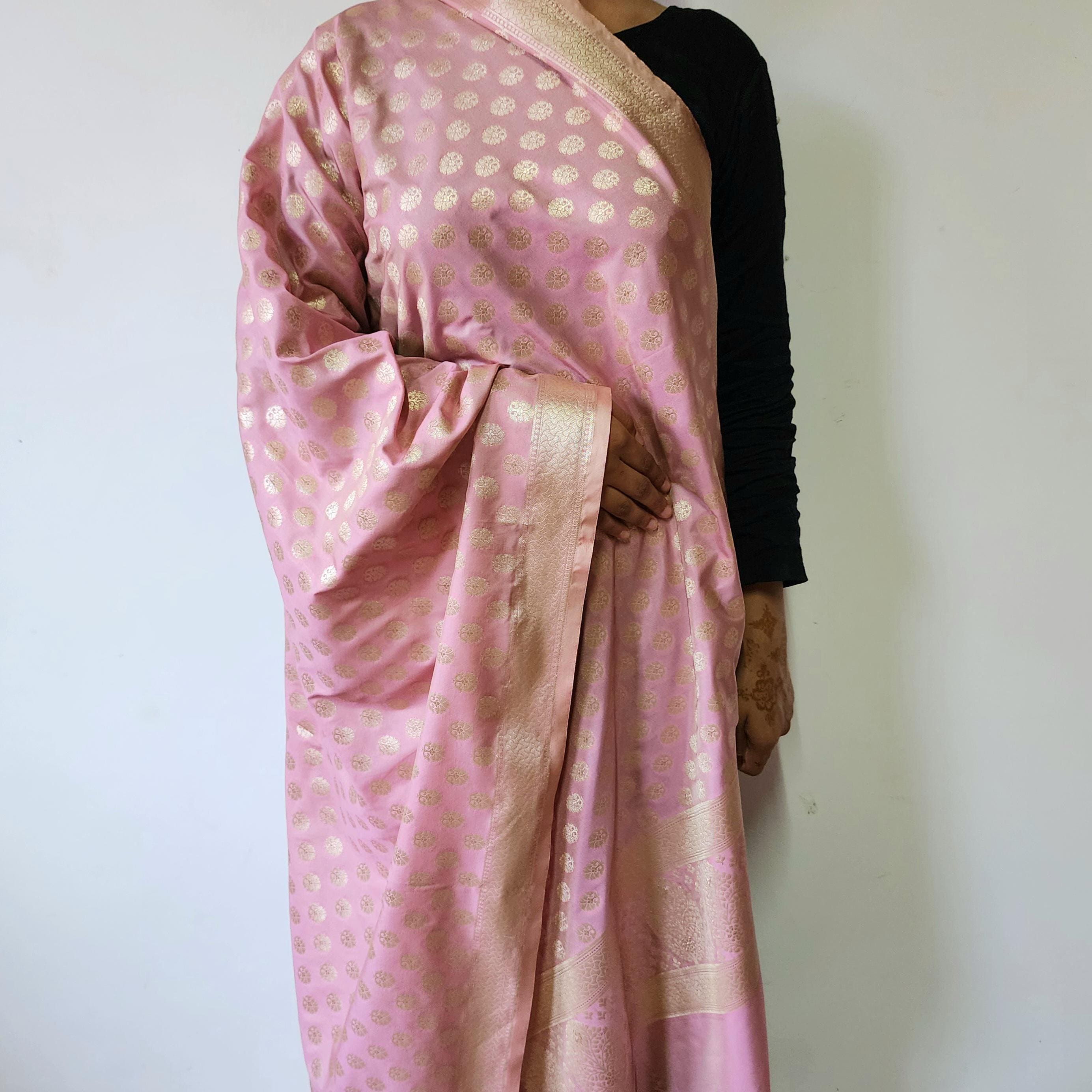 Baby Blush Pink Banarasi Dupatta Soft Gold Dots, Chic Minimal Festive Wear
