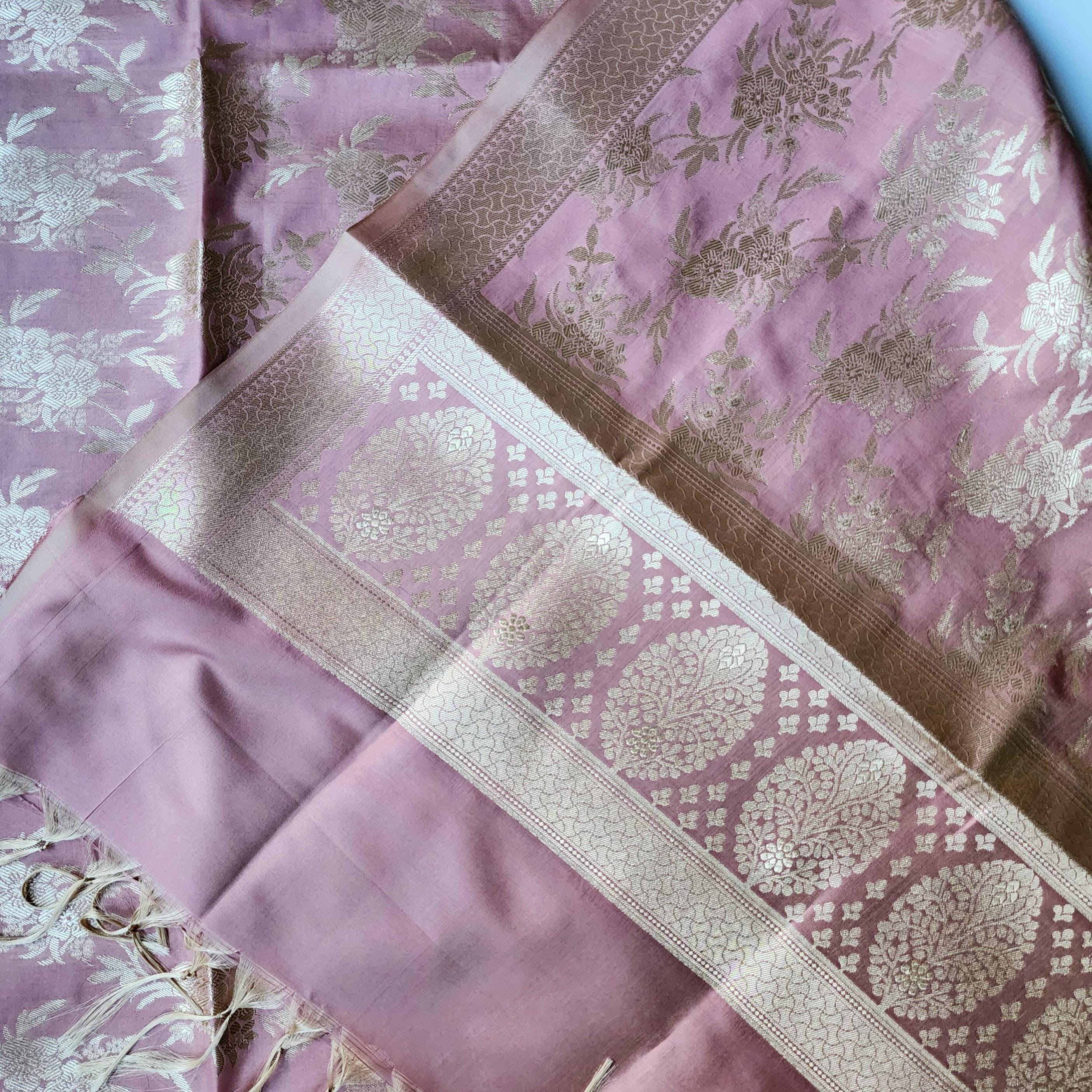 Blush Pink Banarasi Dupatta Delicate Floral Weave, Romantic & Refined