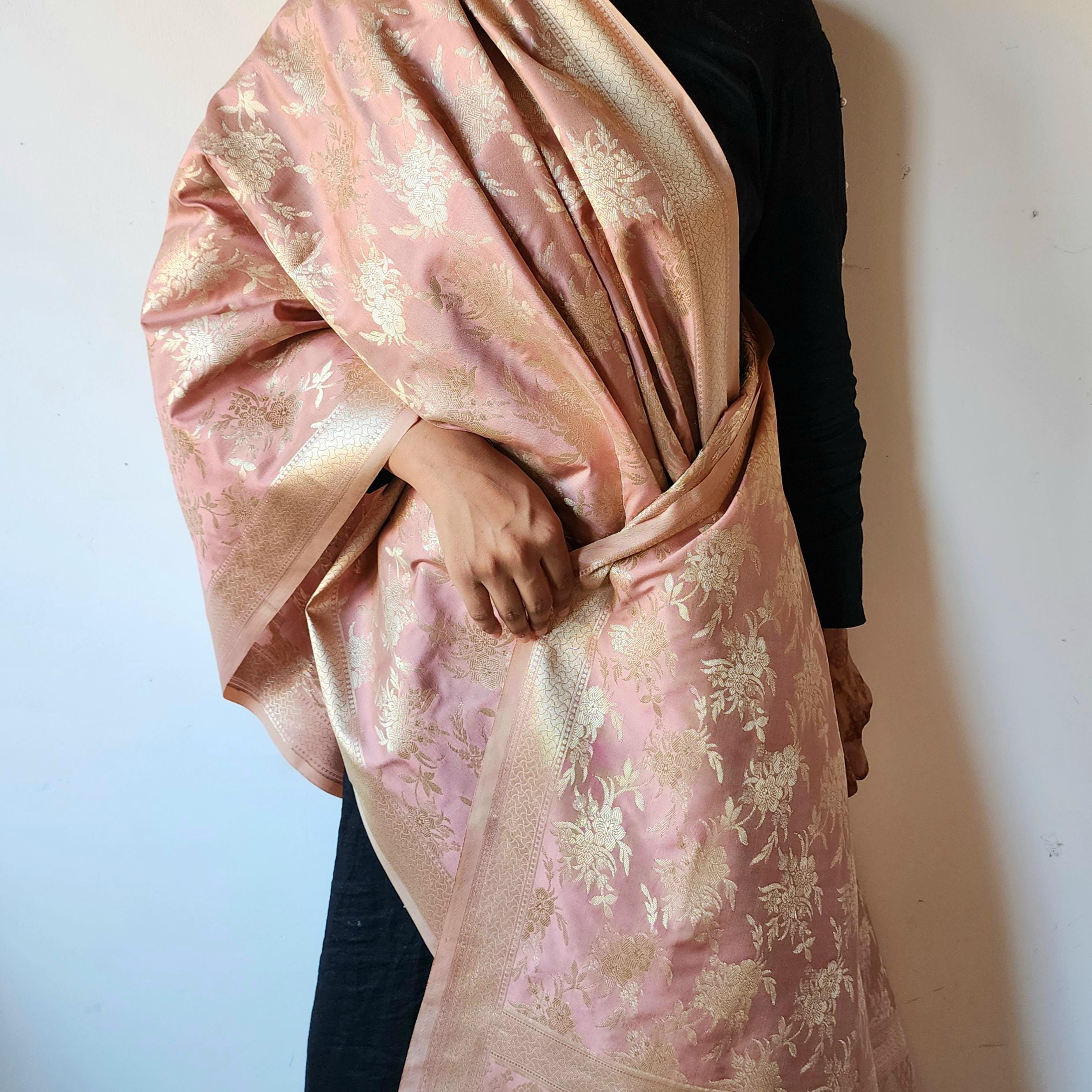 Blush Pink Banarasi Dupatta Delicate Floral Weave, Romantic & Refined