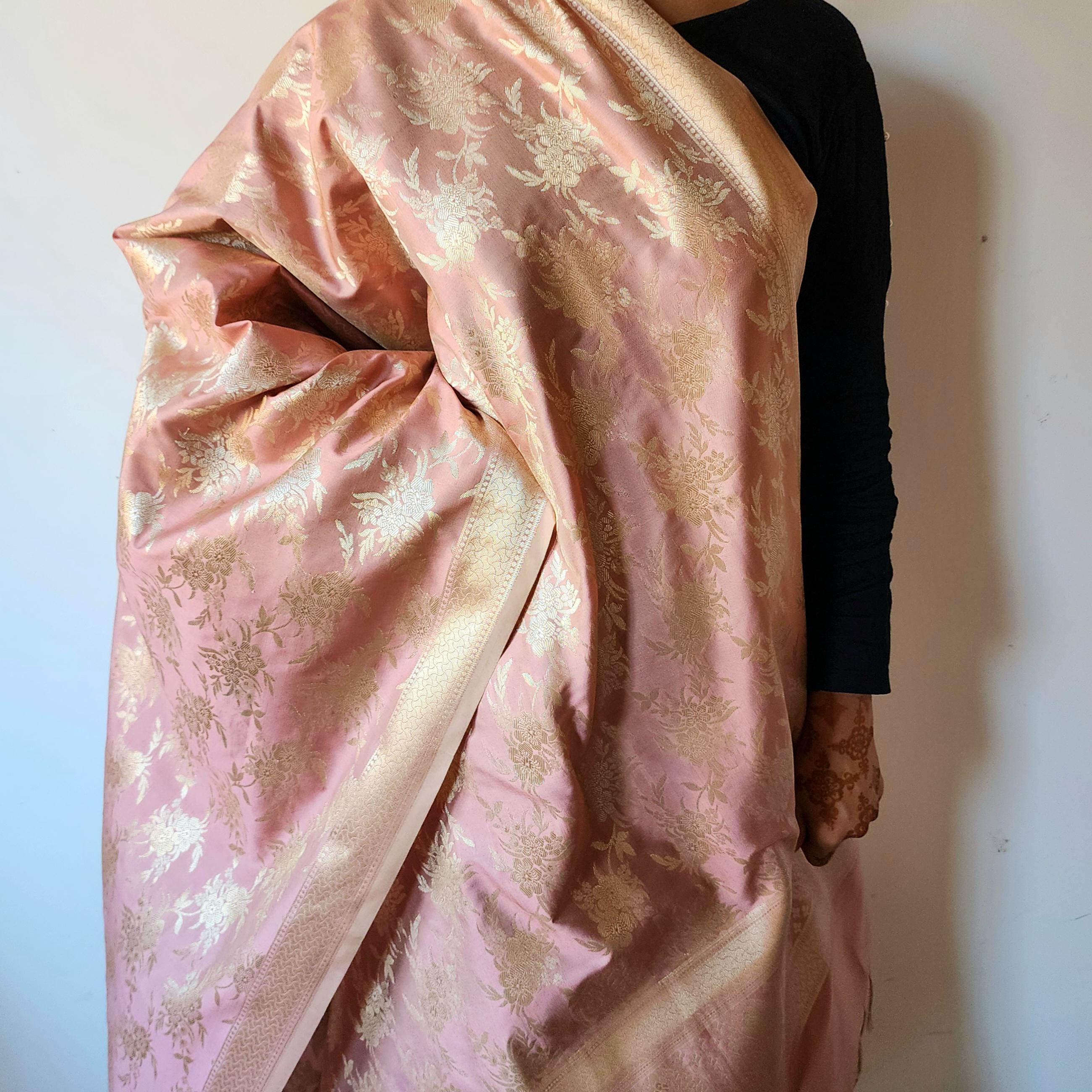 Blush Pink Banarasi Dupatta Delicate Floral Weave, Romantic & Refined