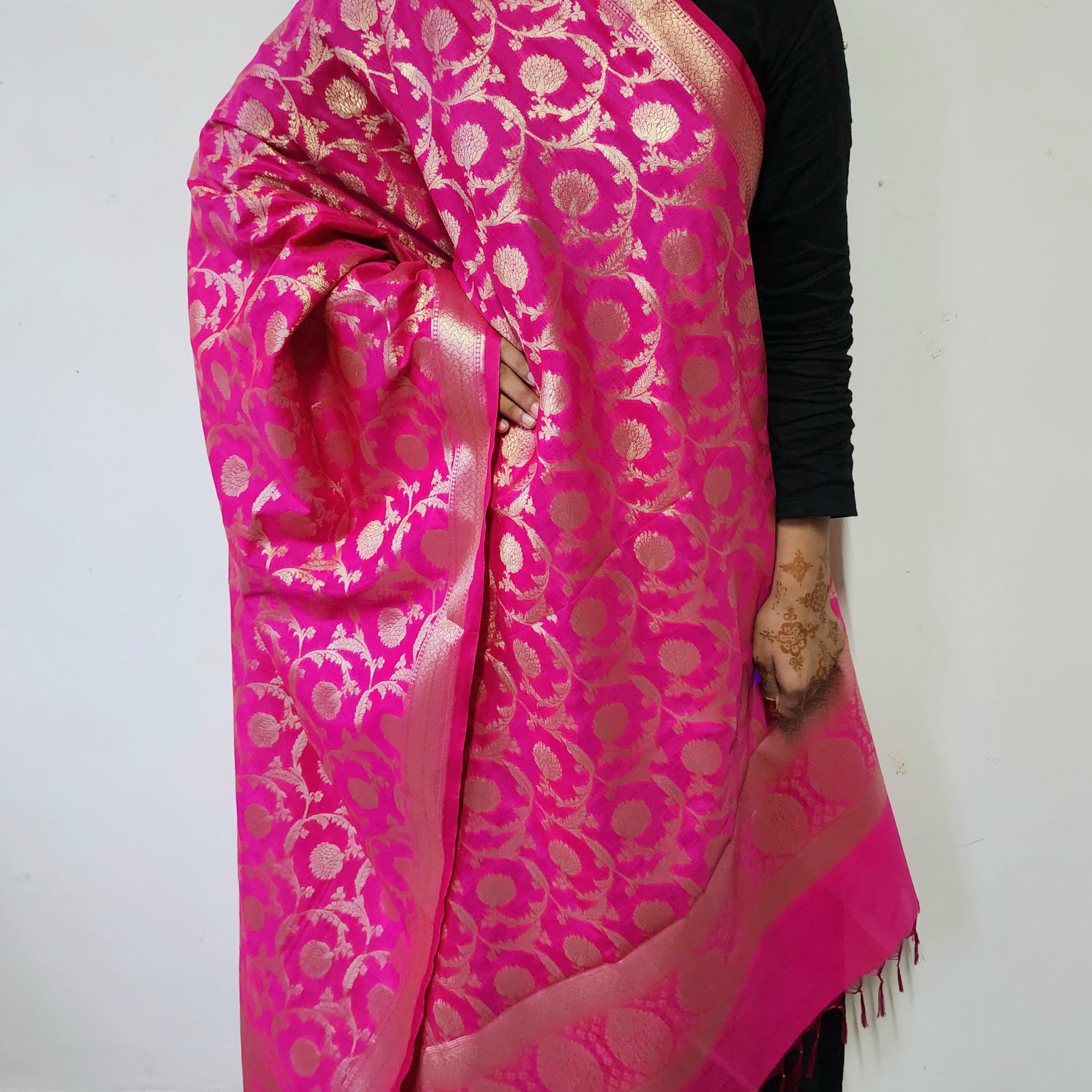 Charming Hot Pink Banarasi Dupatta Golden Motifs, Perfect for Weddings & Festivals