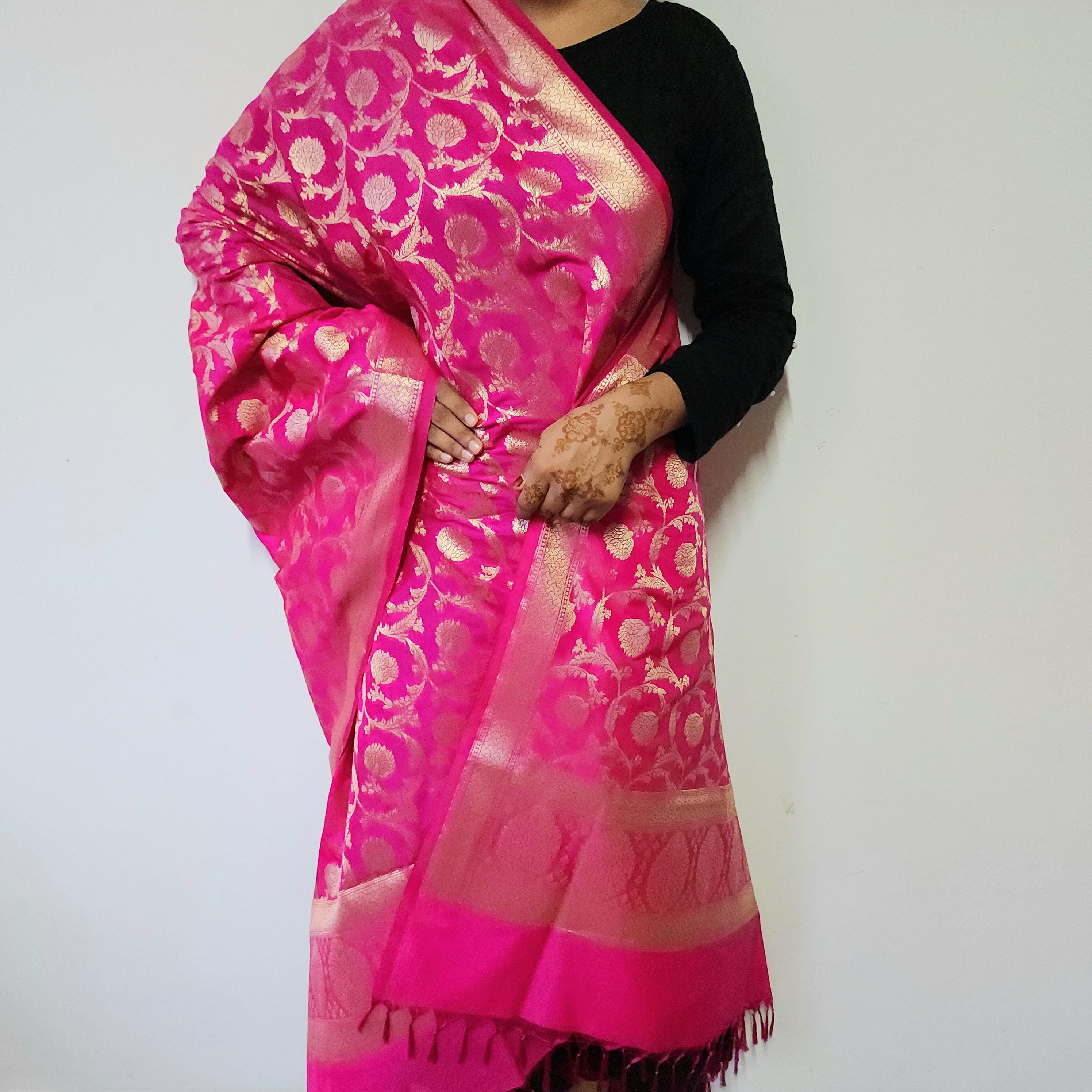 Charming Hot Pink Banarasi Dupatta - Zari Blossom Motifs