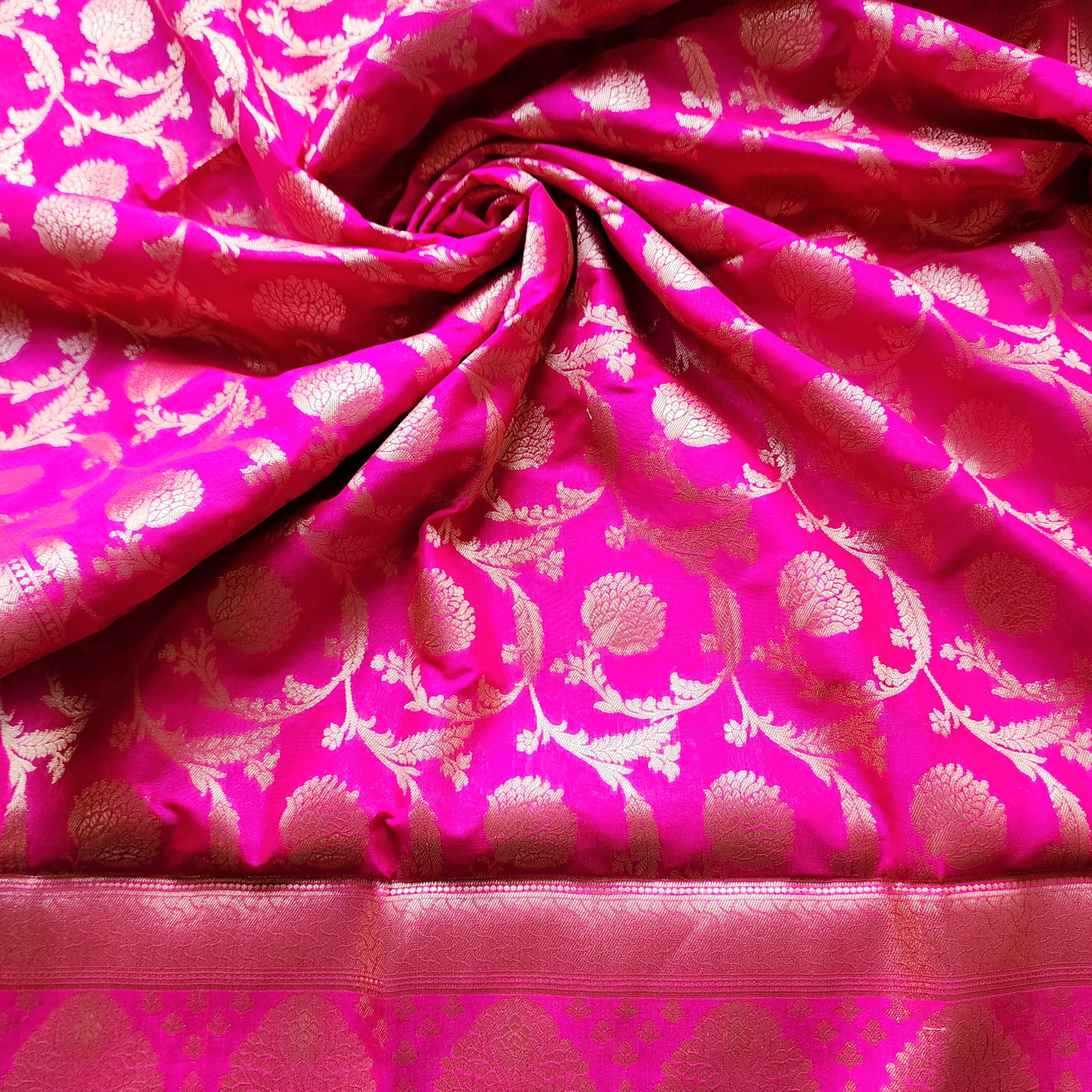 Charming Hot Pink Banarasi Dupatta - Zari Blossom Motifs