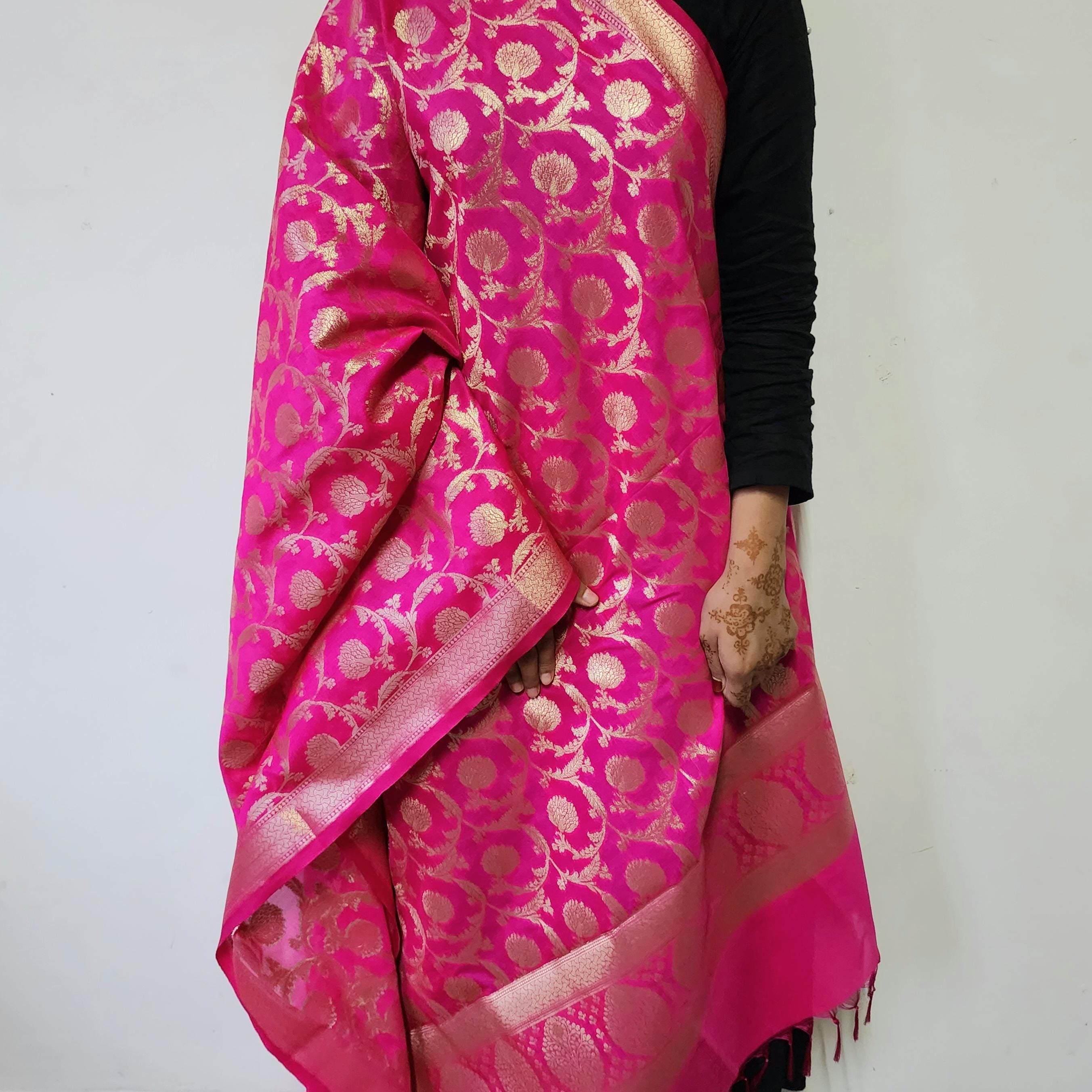 Charming Hot Pink Banarasi Dupatta Golden Motifs, Perfect for Weddings & Festivals