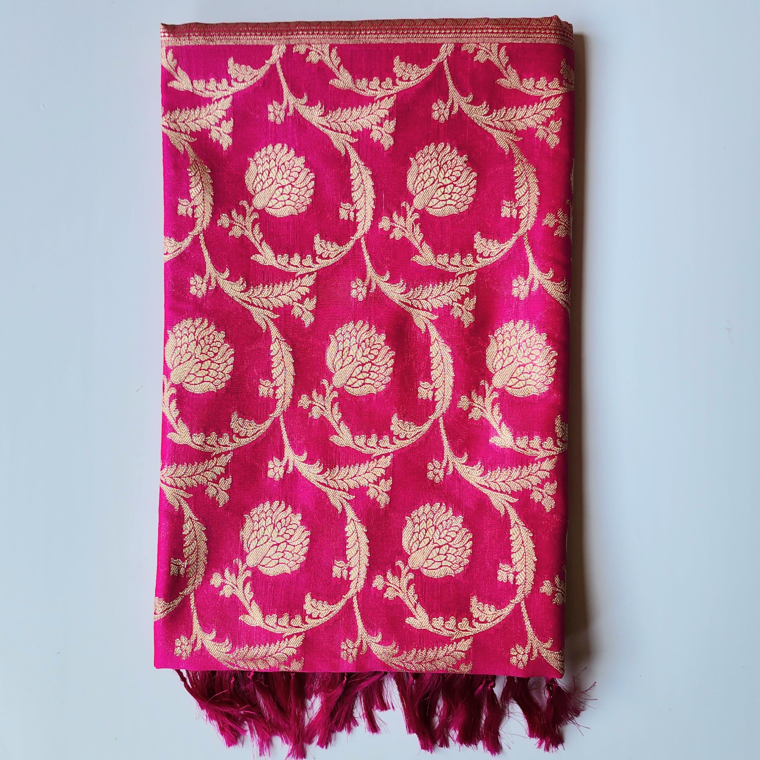 Charming Hot Pink Banarasi Dupatta Golden Motifs, Perfect for Weddings & Festivals