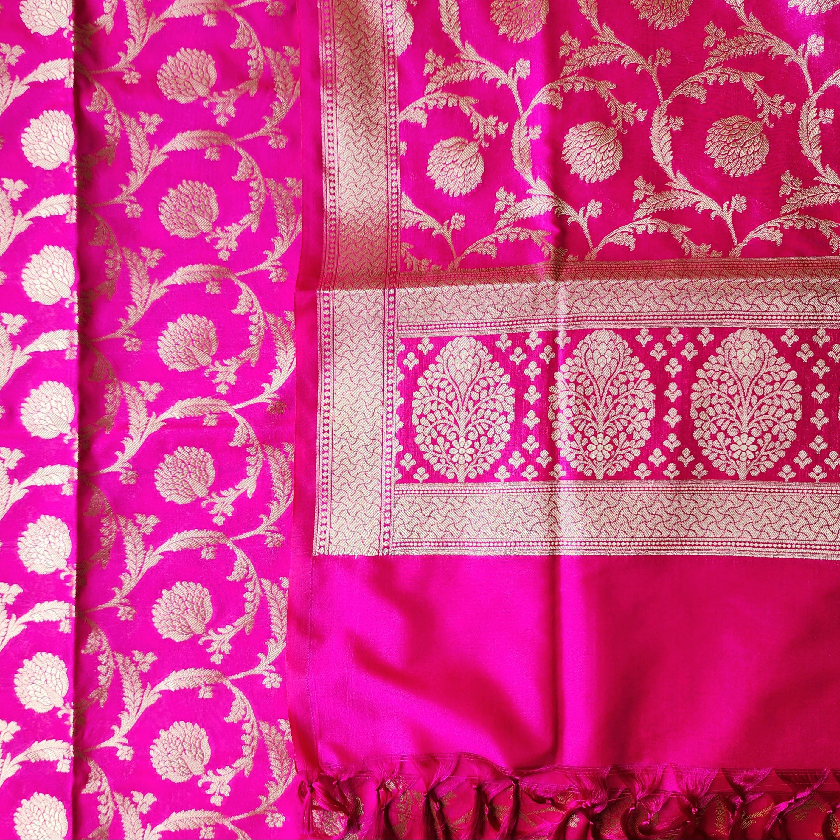 Charming Hot Pink Banarasi Dupatta - Zari Blossom Motifs