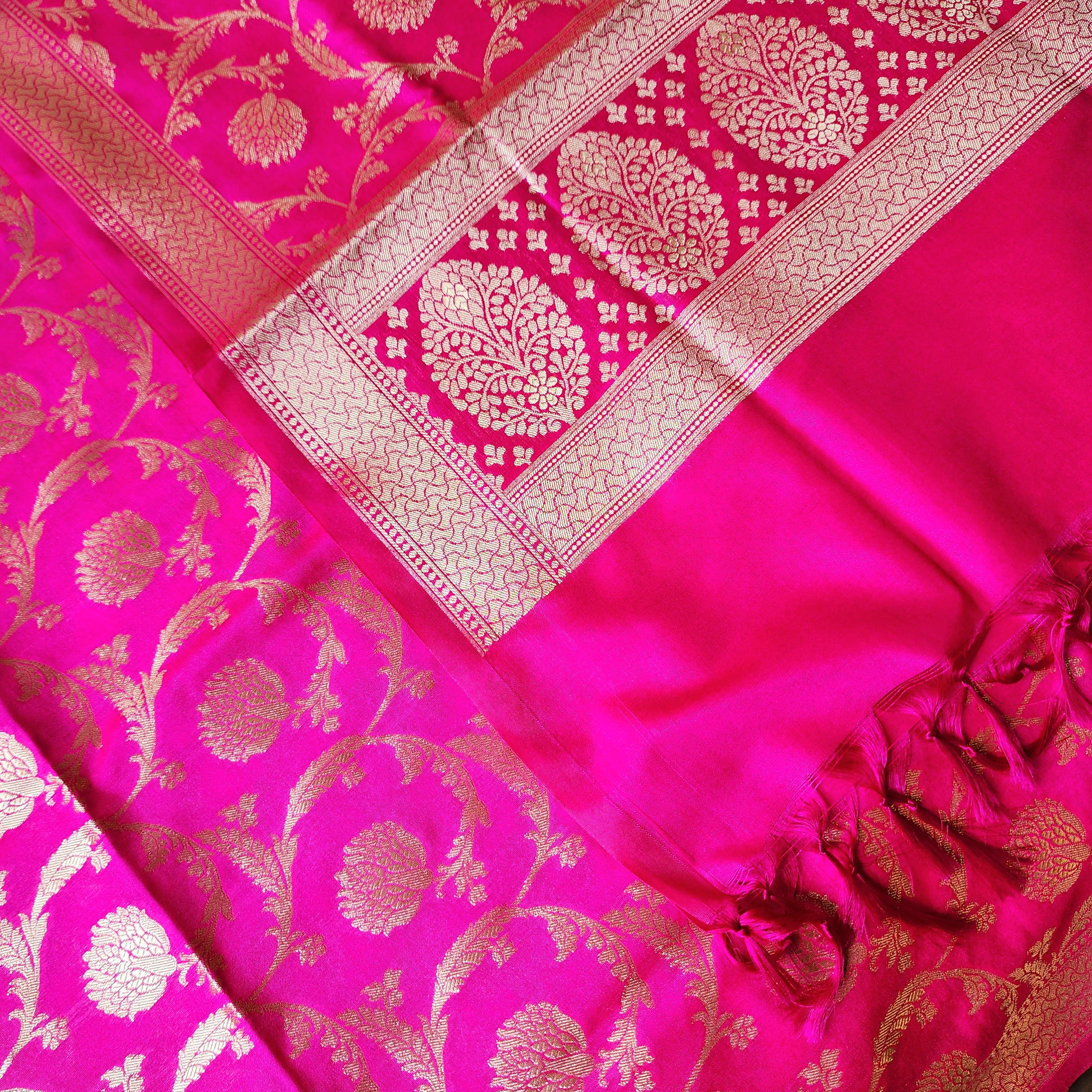 Charming Hot Pink Banarasi Dupatta Golden Motifs, Perfect for Weddings & Festivals