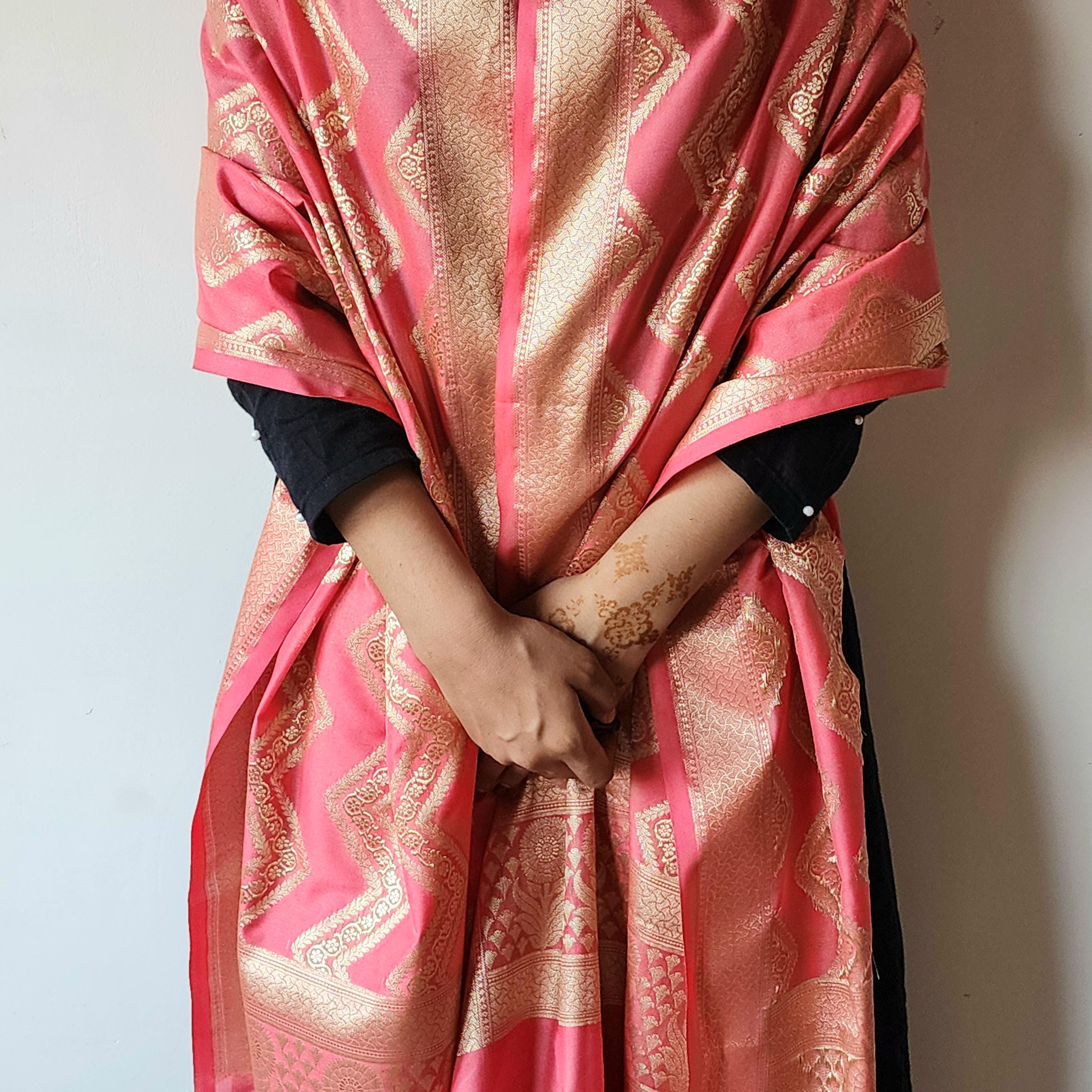Coral Peach Pink Banarasi Dupatta Golden Zigzag Weave, Elegant Everyday Glam