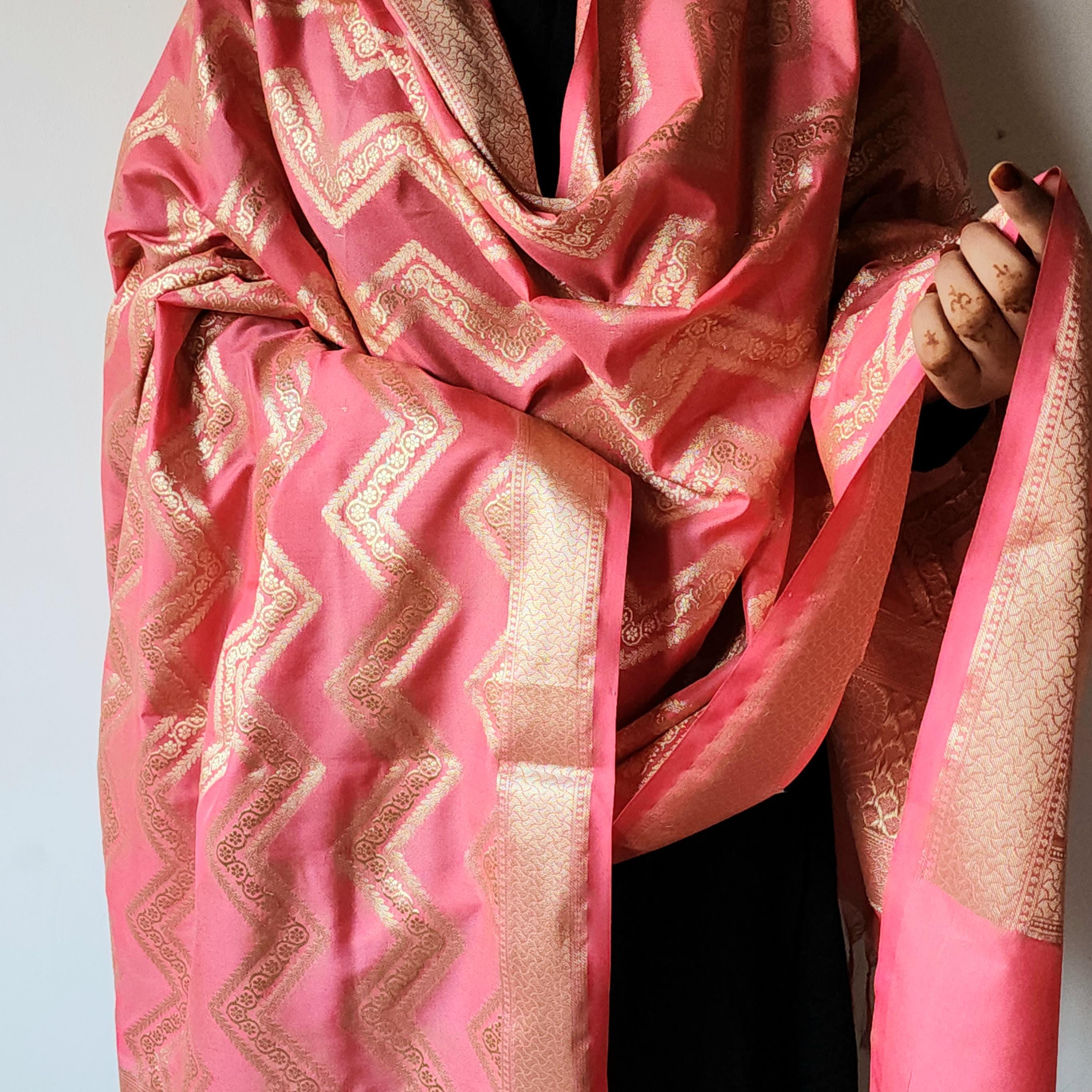 Coral Peach Pink Banarasi Dupatta Golden Zigzag Weave, Elegant Everyday Glam