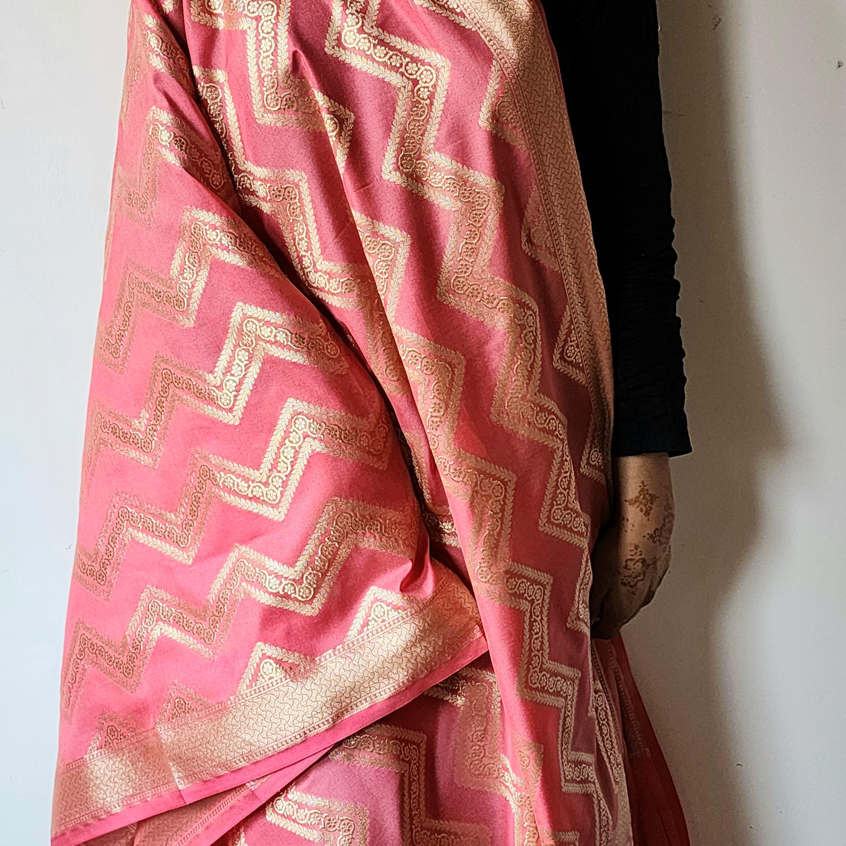 Coral Peach Pink Banarasi Dupatta Golden Zigzag Weave, Elegant Everyday Glam