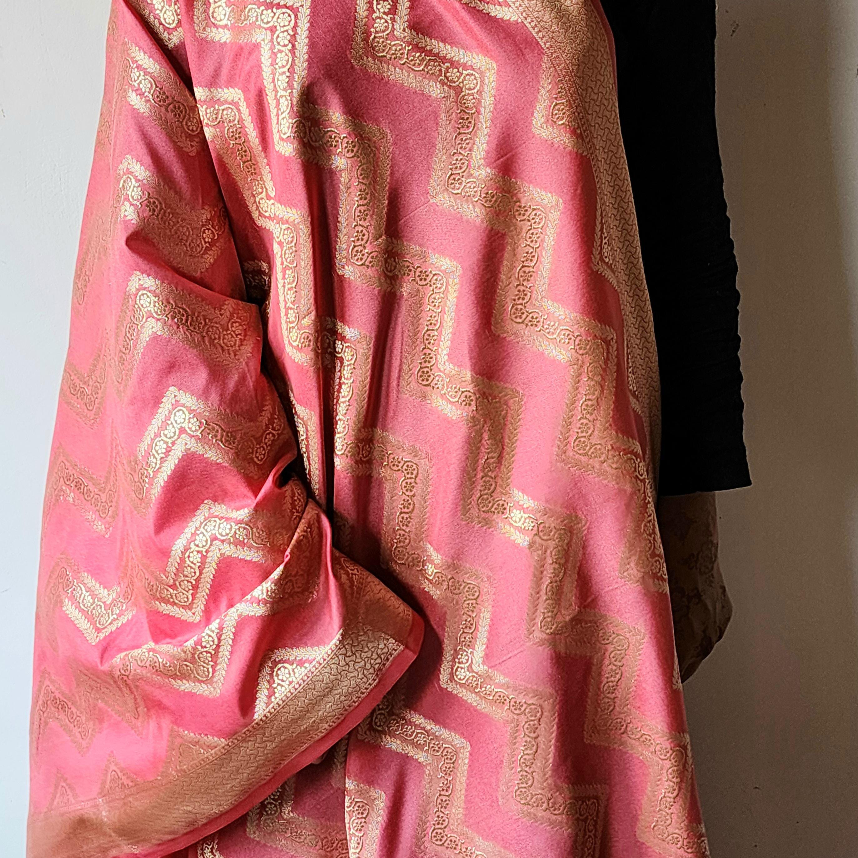 Coral Peach Pink Banarasi Dupatta Golden Zigzag Weave, Elegant Everyday Glam