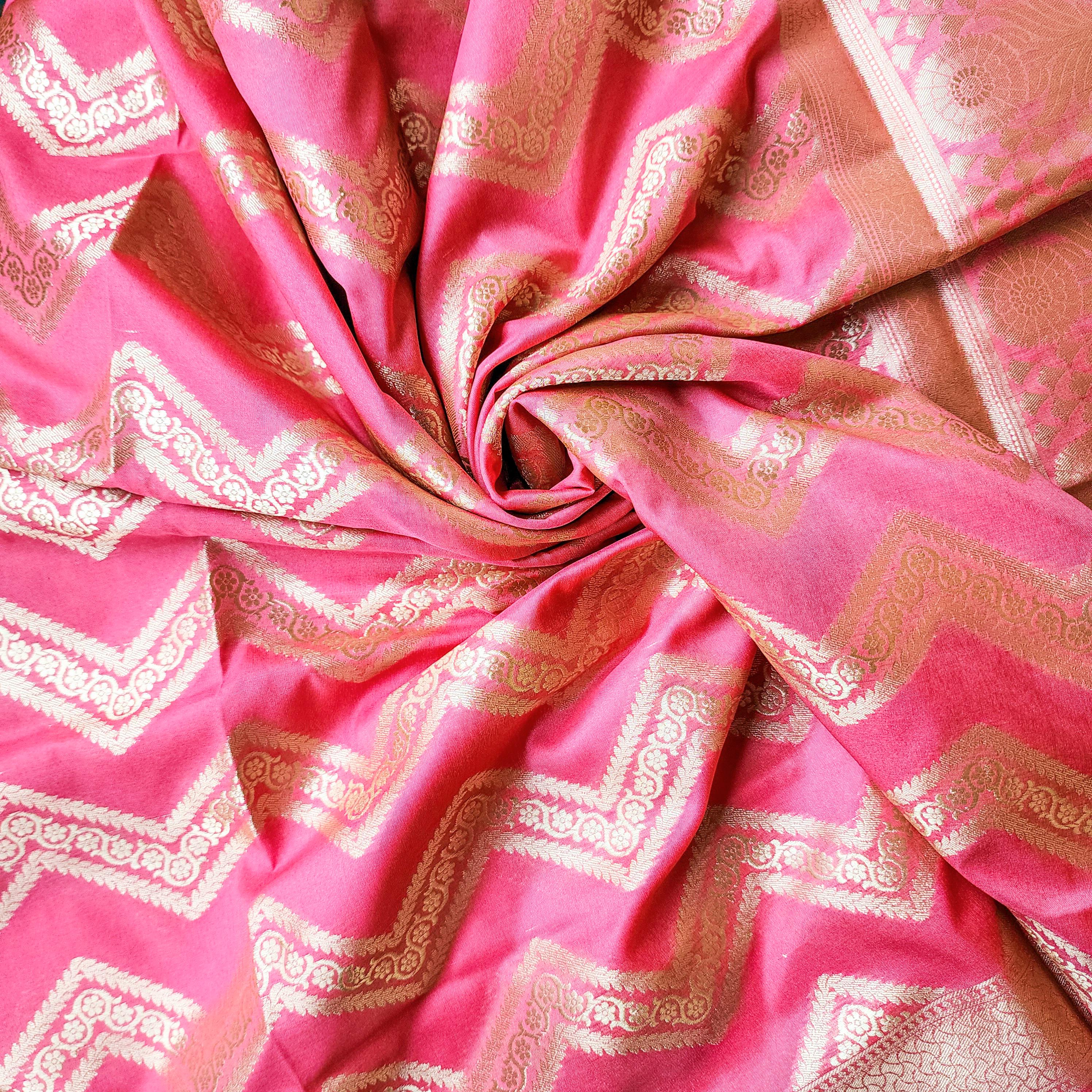 Coral Peach Pink Banarasi Dupatta with Golden Zigzag Pattern