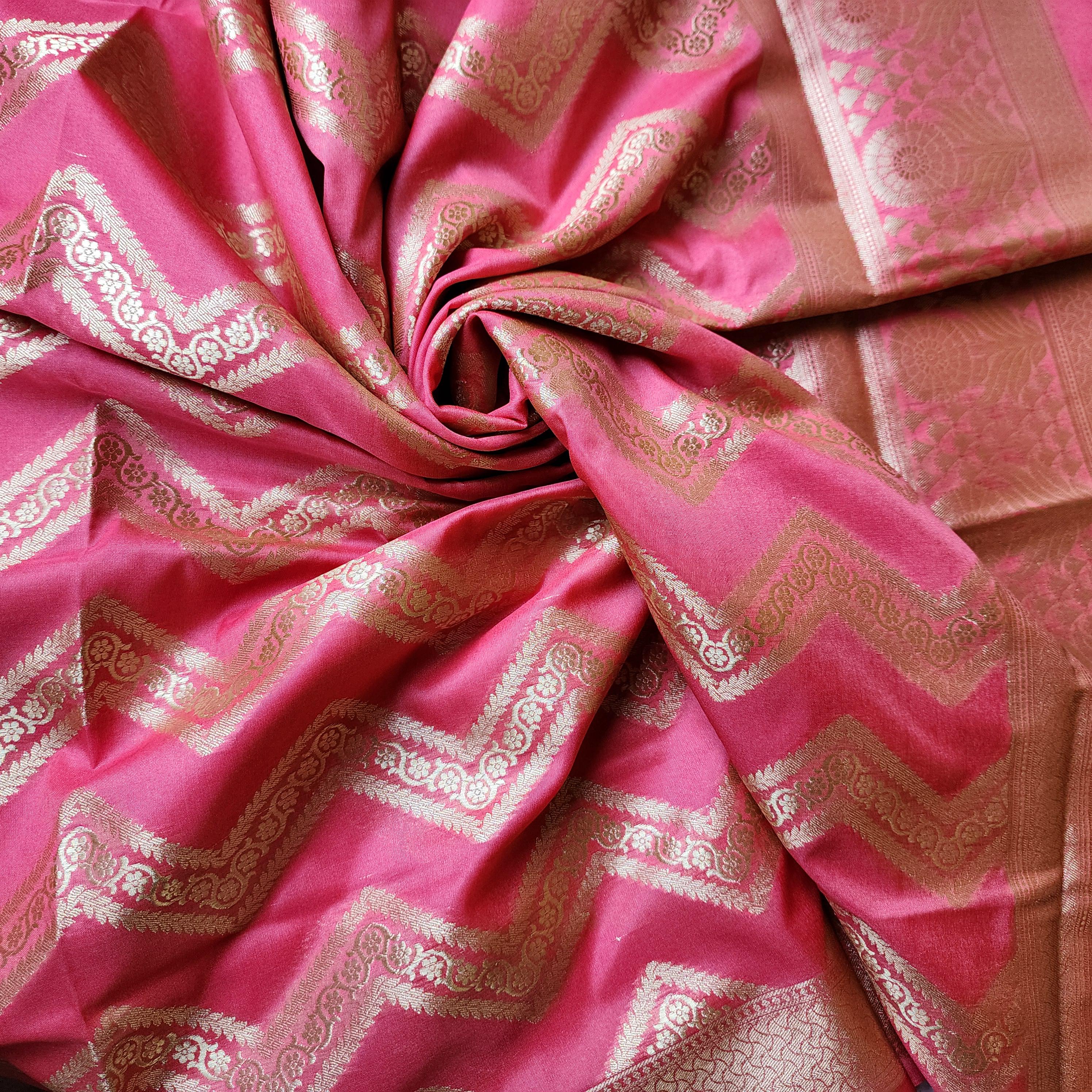 Coral Peach Pink Banarasi Dupatta with Golden Zigzag Pattern