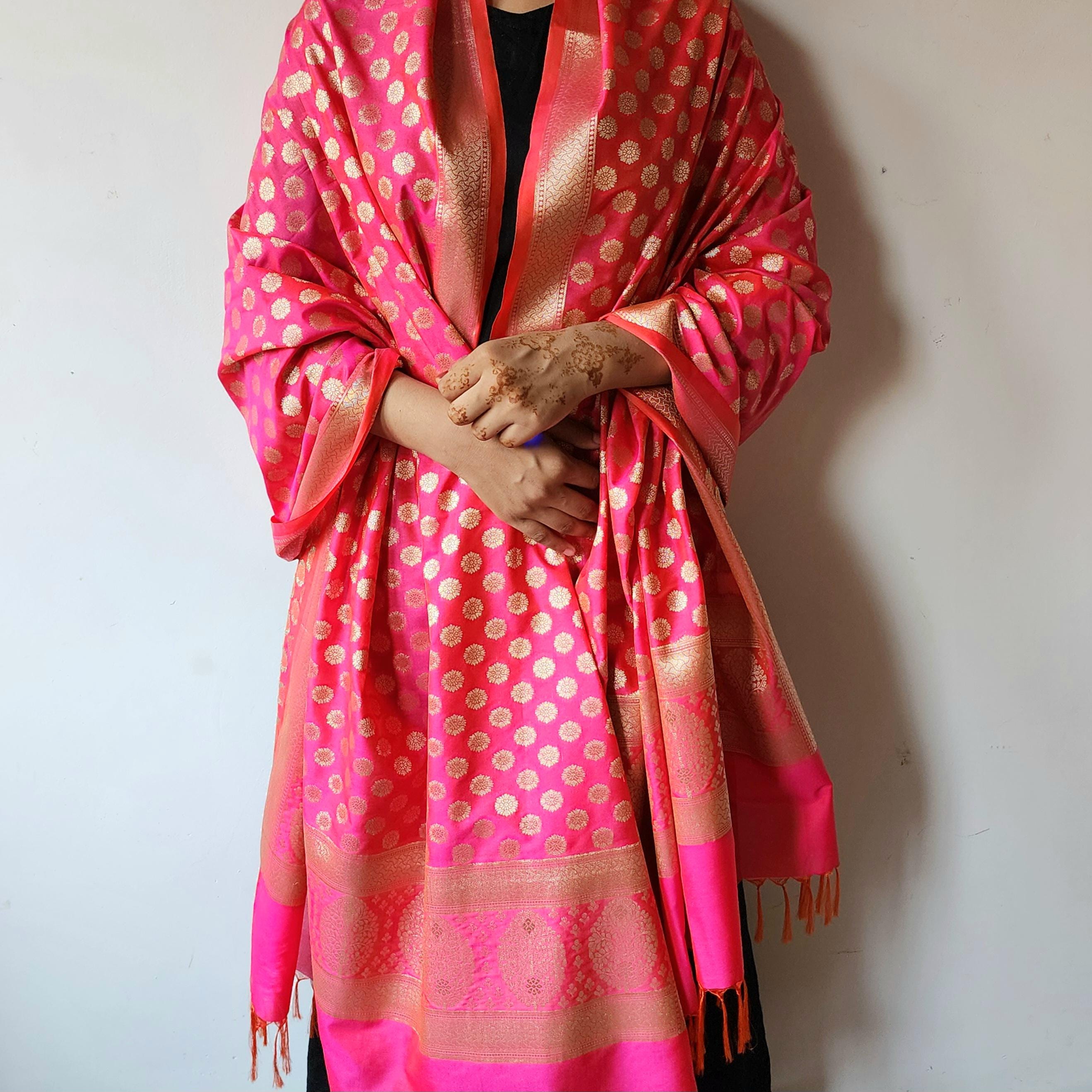 Coral Pink Banarasi Dupatta Zari Polka Design, Radiant & Festive