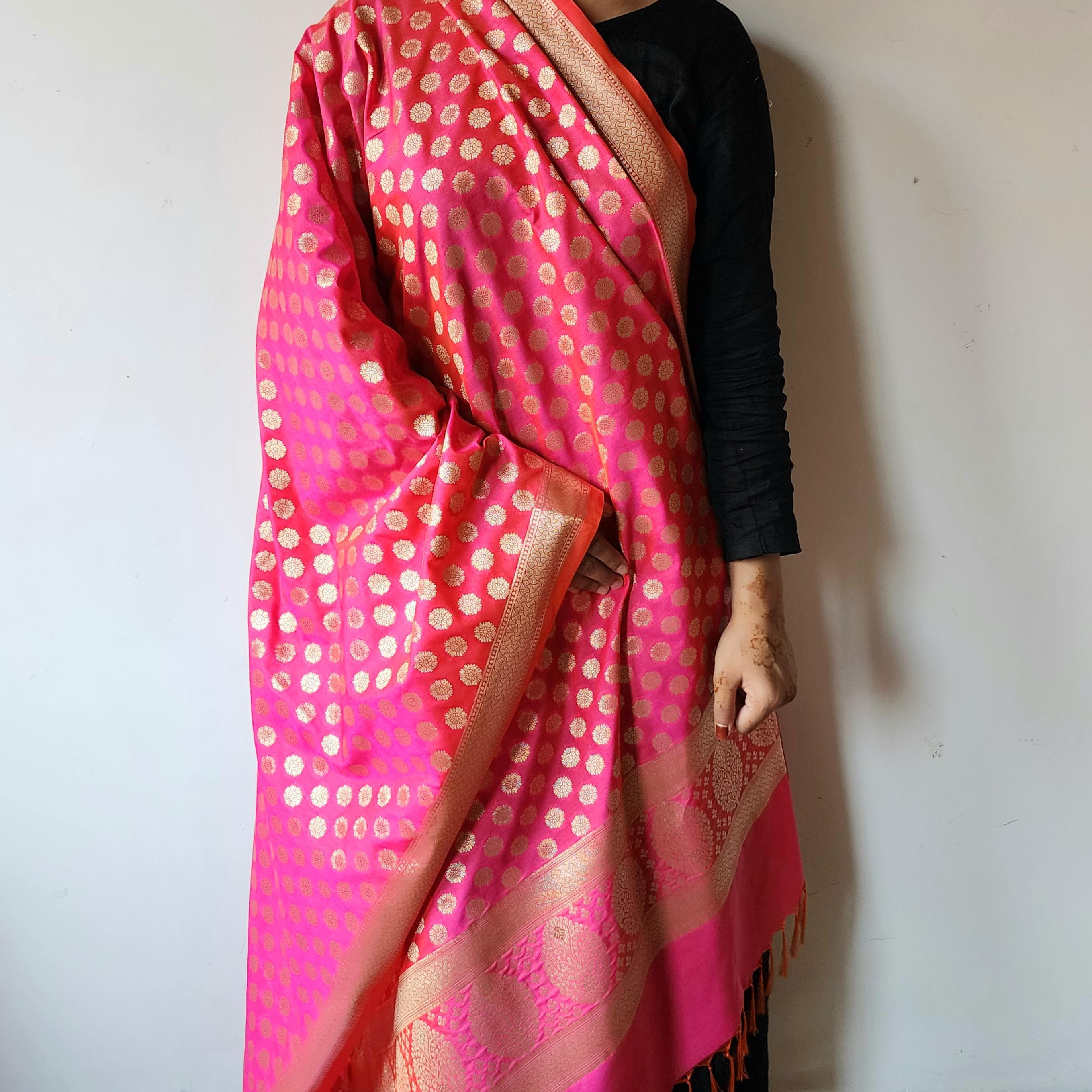 Coral Pink Banarasi Dupatta Zari Polka Design, Radiant & Festive