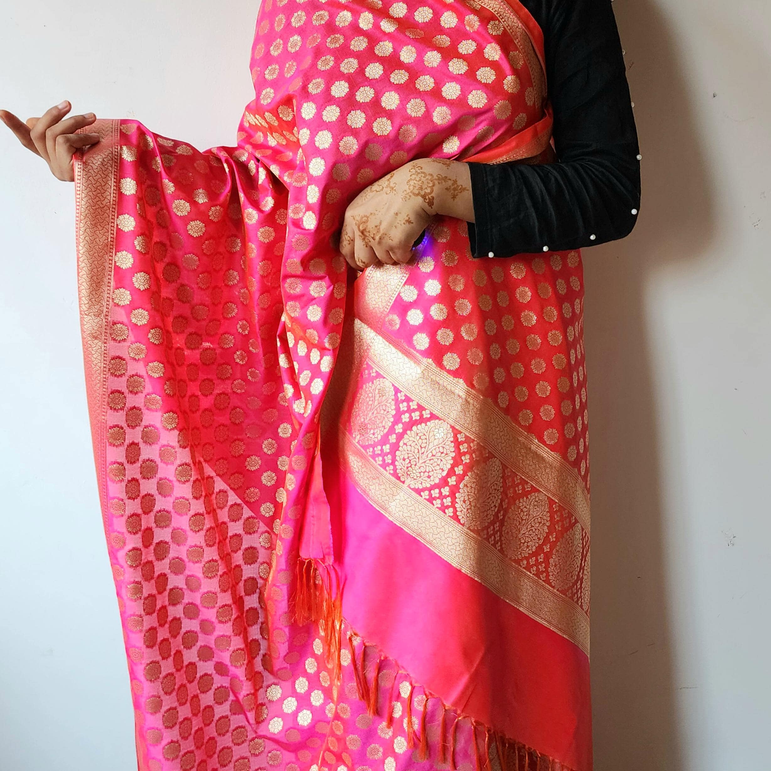 Coral Pink Banarasi Dupatta Zari Polka Design, Radiant & Festive