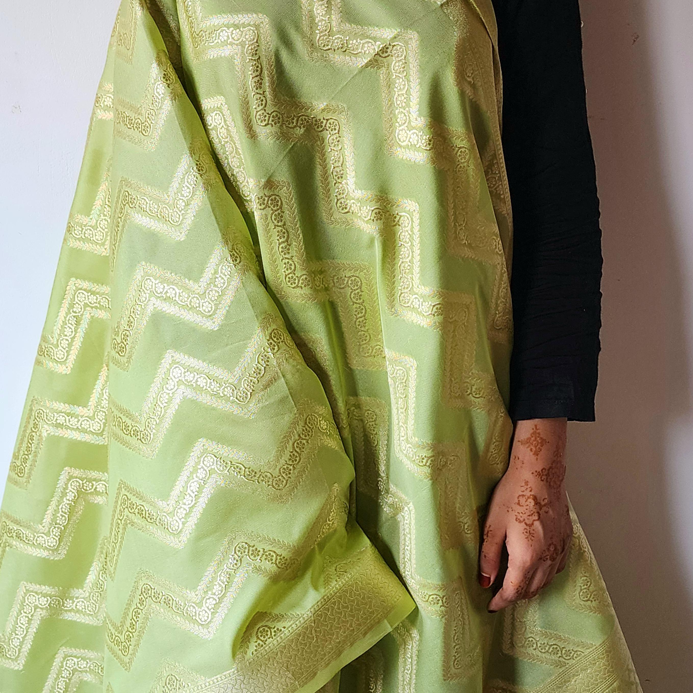 Fresh Lime Green Banarasi Dupatta with Golden Zigzag Pattern