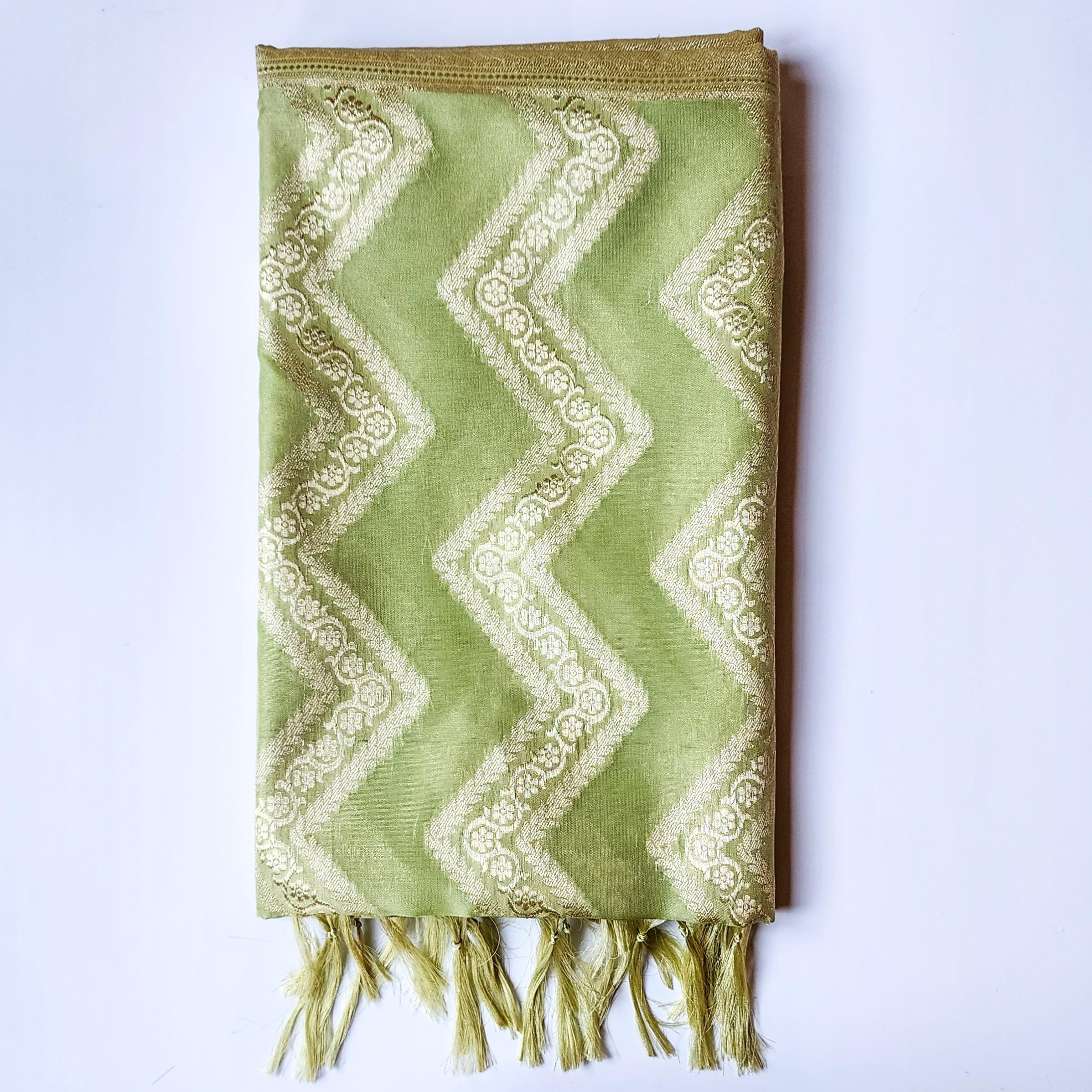 Fresh Lime Green Banarasi Dupatta with Golden Zigzag Pattern