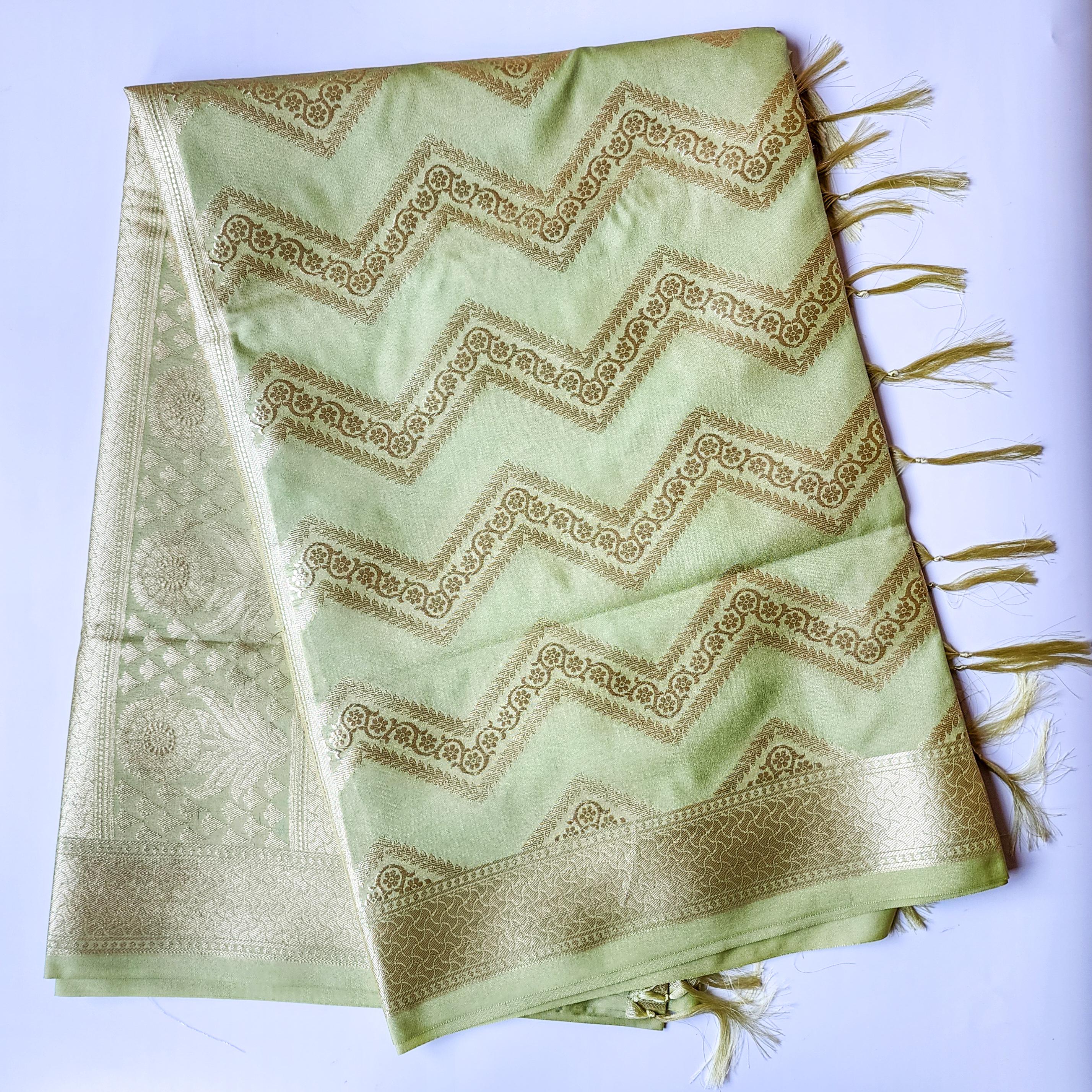 Fresh Lime Green Banarasi Dupatta with Golden Zigzag Pattern