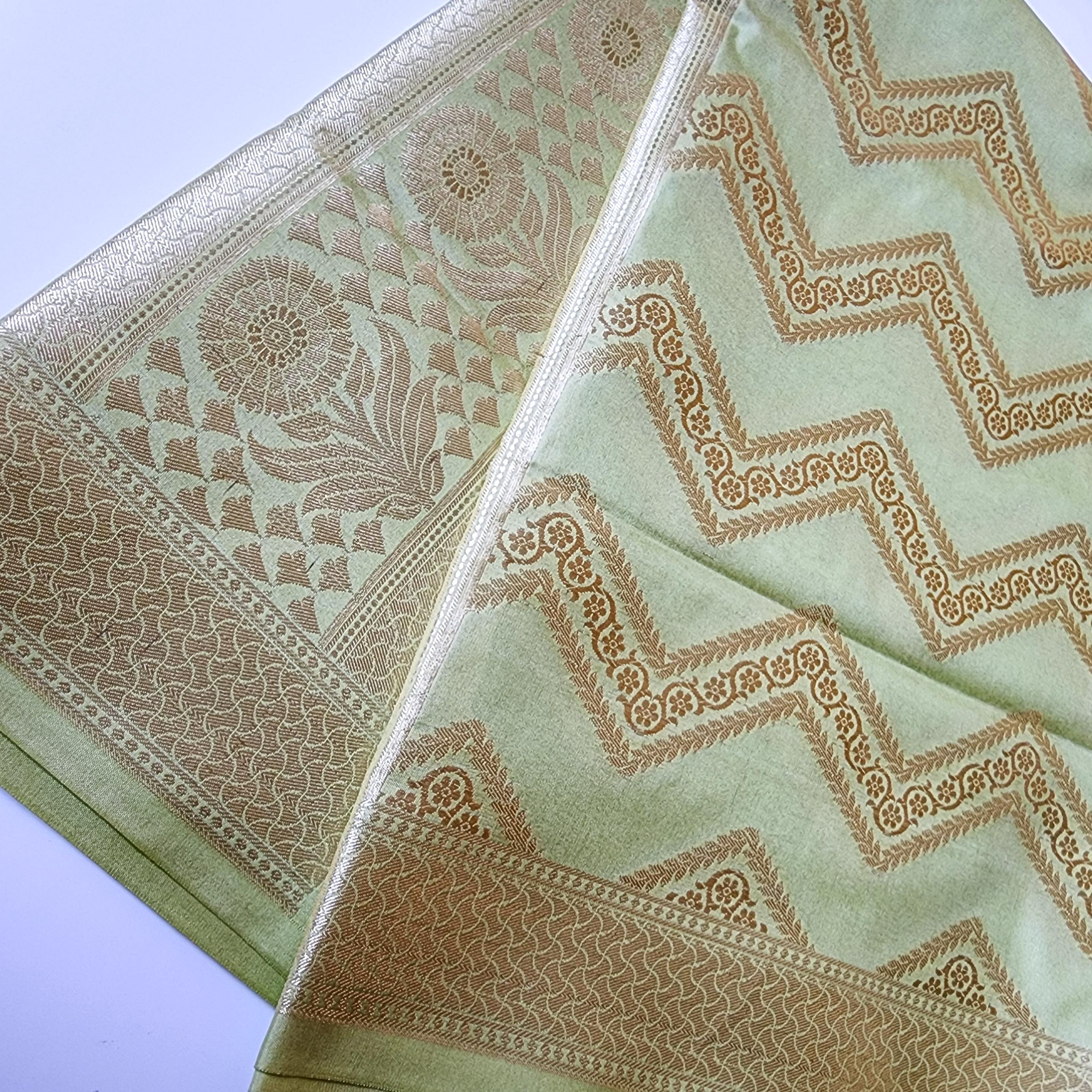Fresh Lime Green Banarasi Dupatta with Golden Zigzag Pattern
