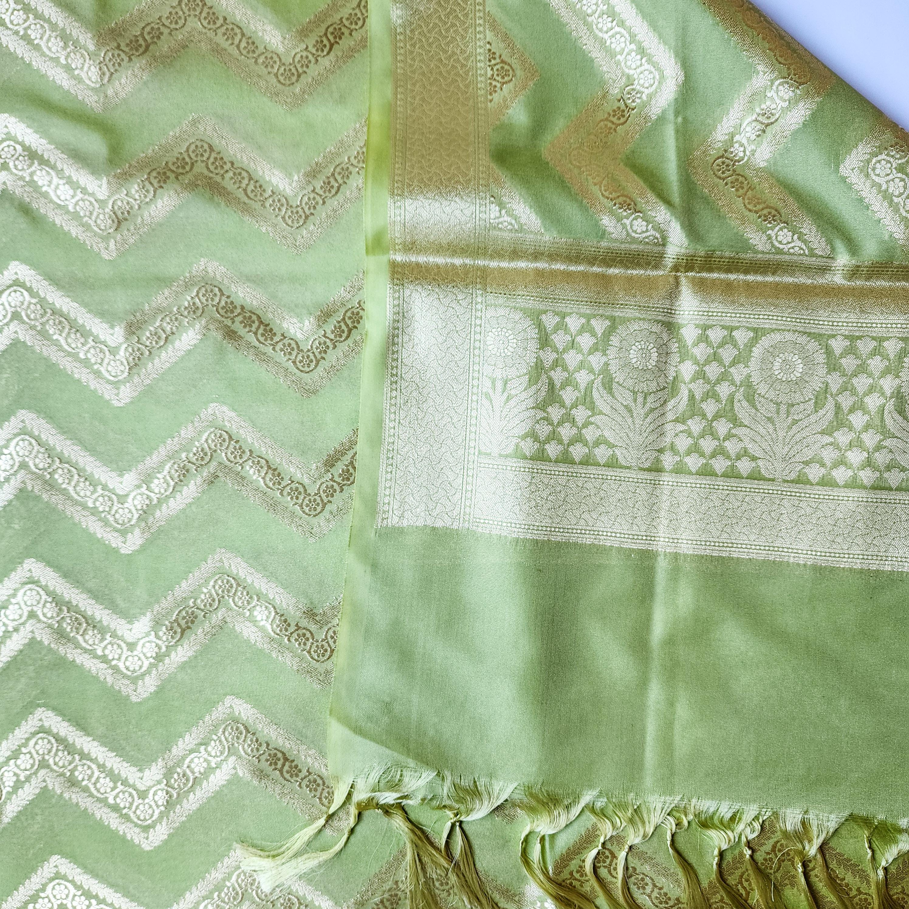 Fresh Lime Green Banarasi Dupatta with Golden Zigzag Pattern