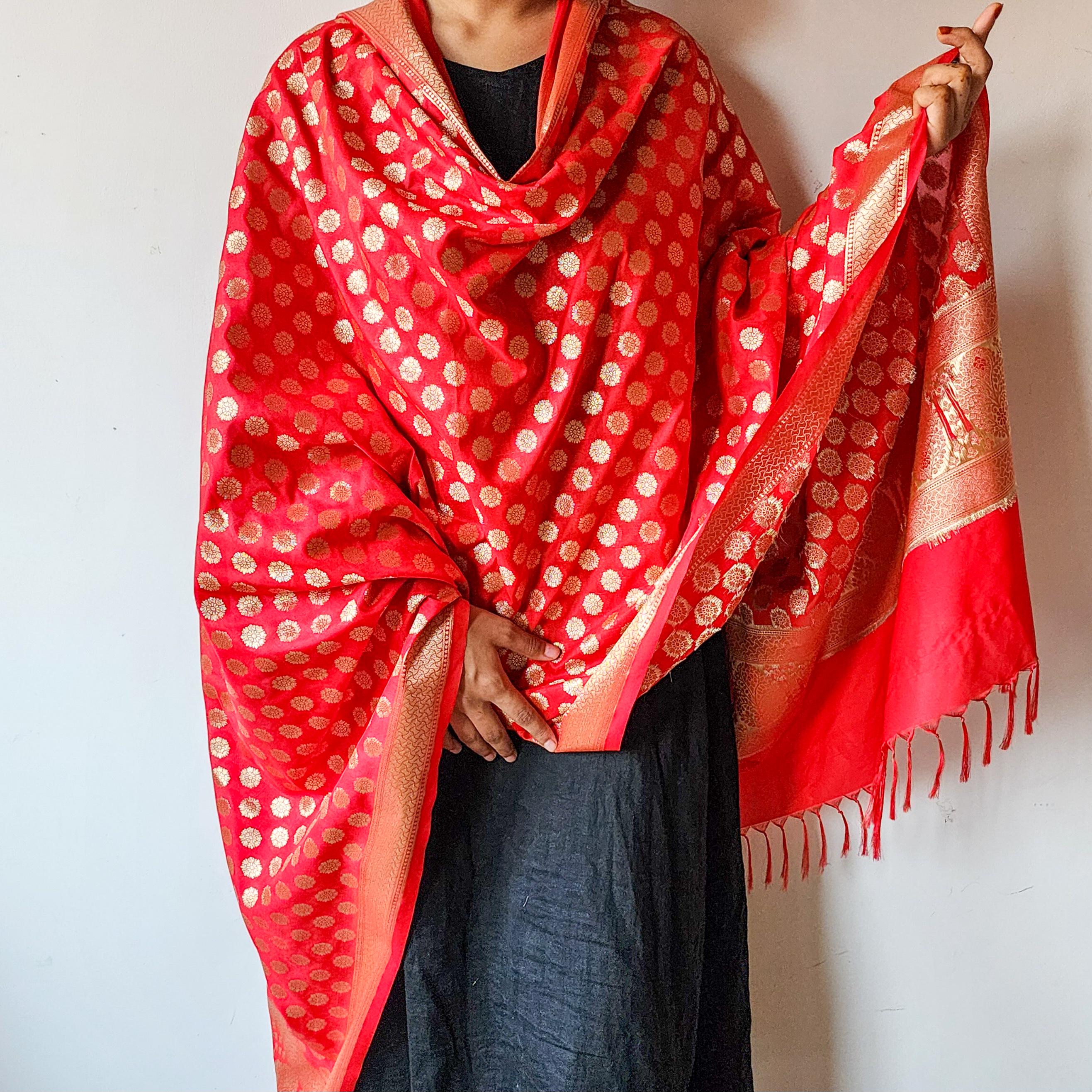 Crimson Red Banarasi Dupatta Gold Butti Work, Classic Bridal Elegance