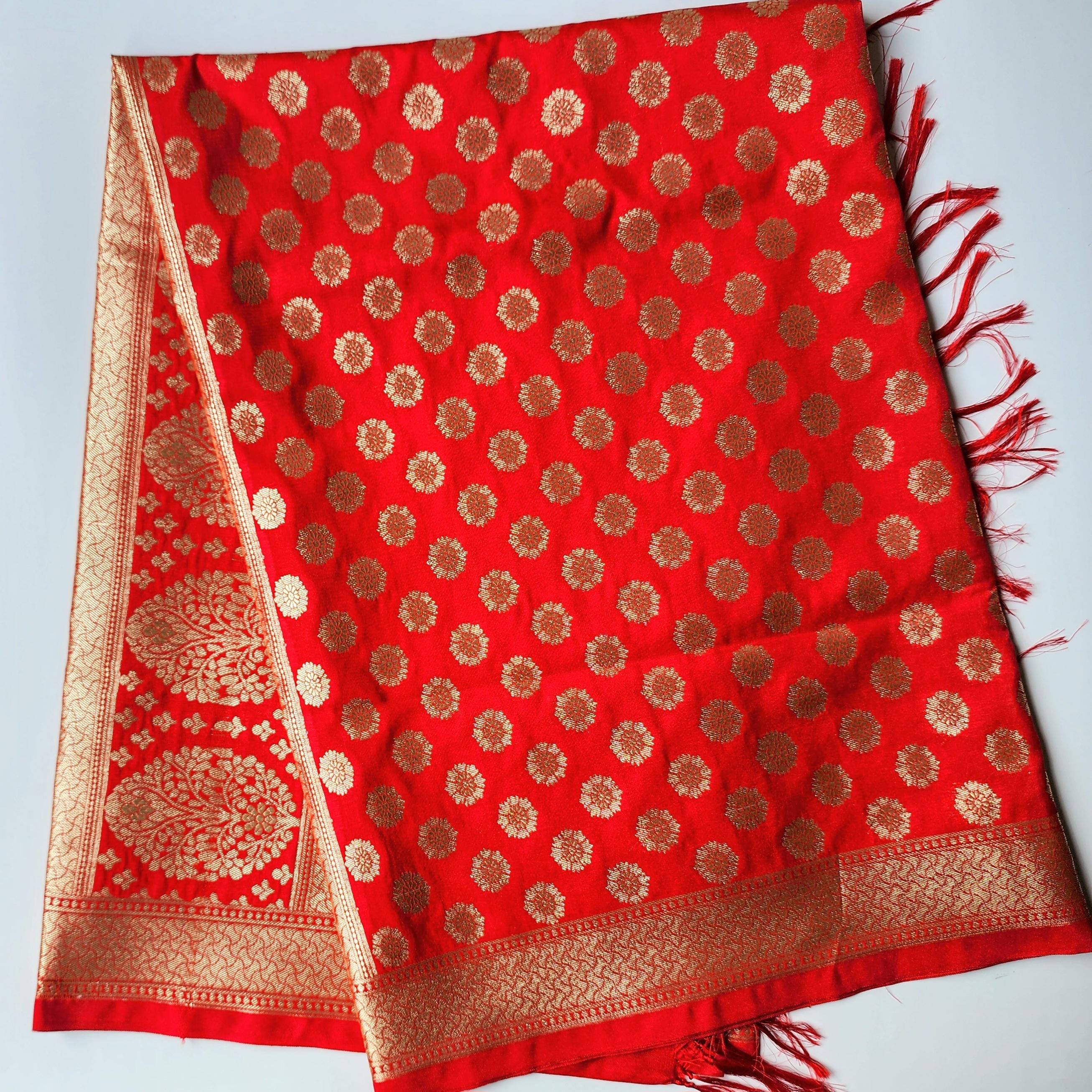 Crimson Red Banarasi Dupatta Gold Butti Work, Classic Bridal Elegance