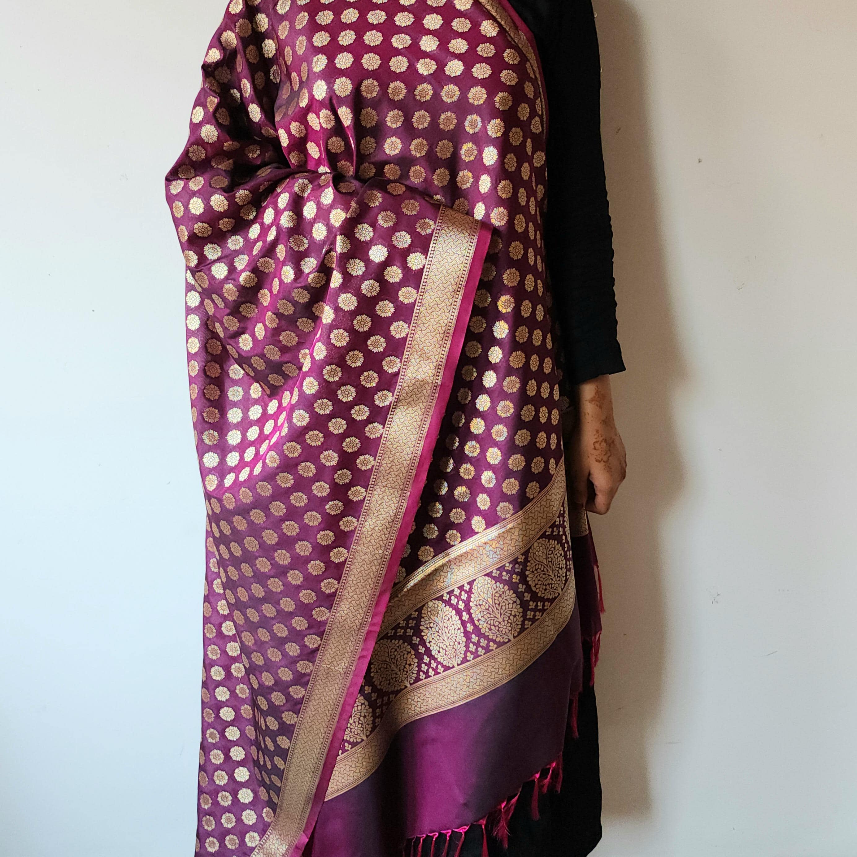 Deep Plum Banarasi Dupatta Golden Dots, Purple Royal Festive Glow