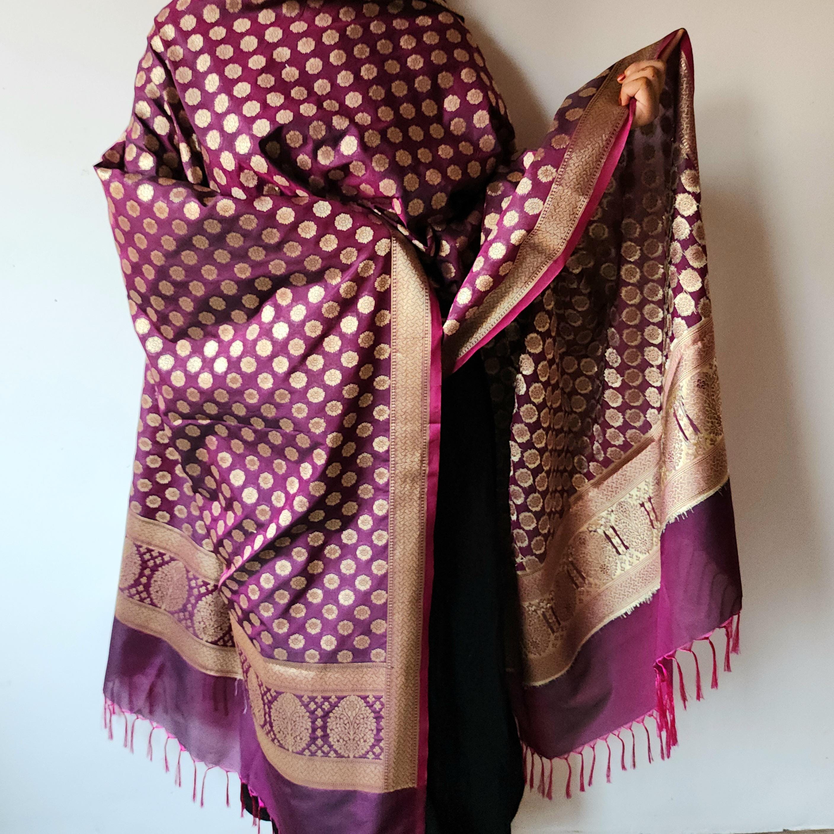 Deep Plum Banarasi Dupatta Golden Dots, Purple Royal Festive Glow