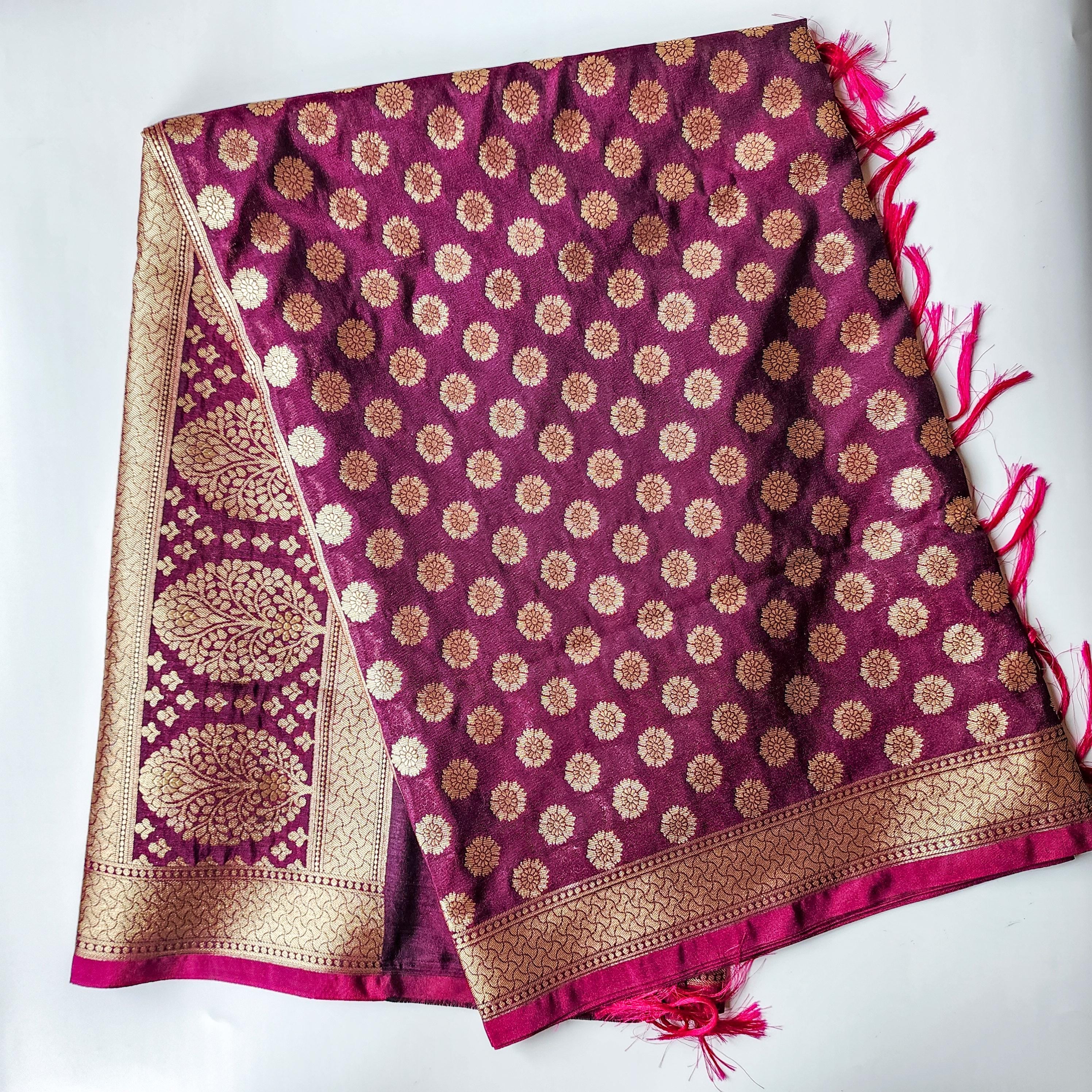 Deep Plum Banarasi Dupatta Golden Dots, Purple Royal Festive Glow
