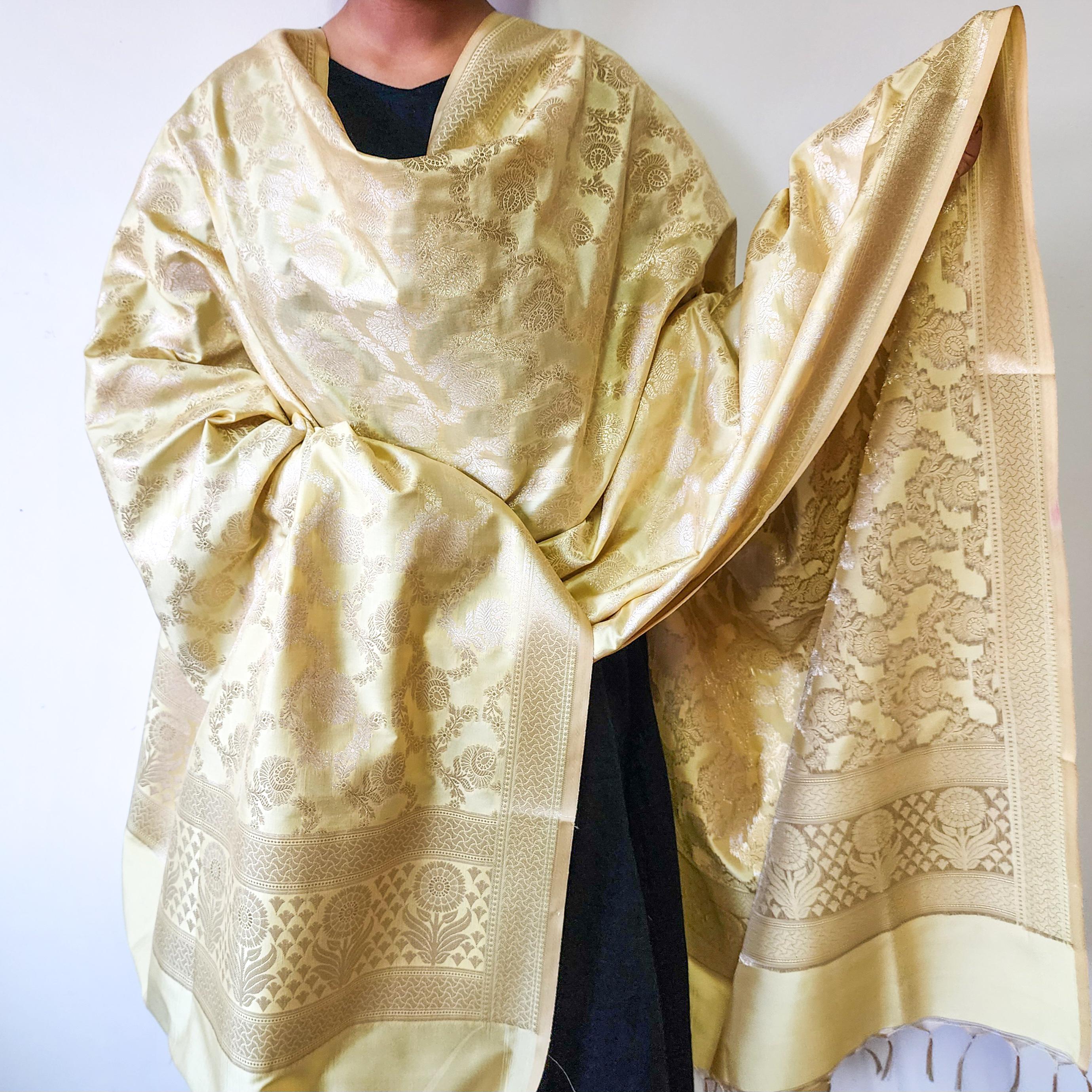 Delicate Butter Yellow Banarasi Dupatta Soft Gold Detailing, Light & Elegant