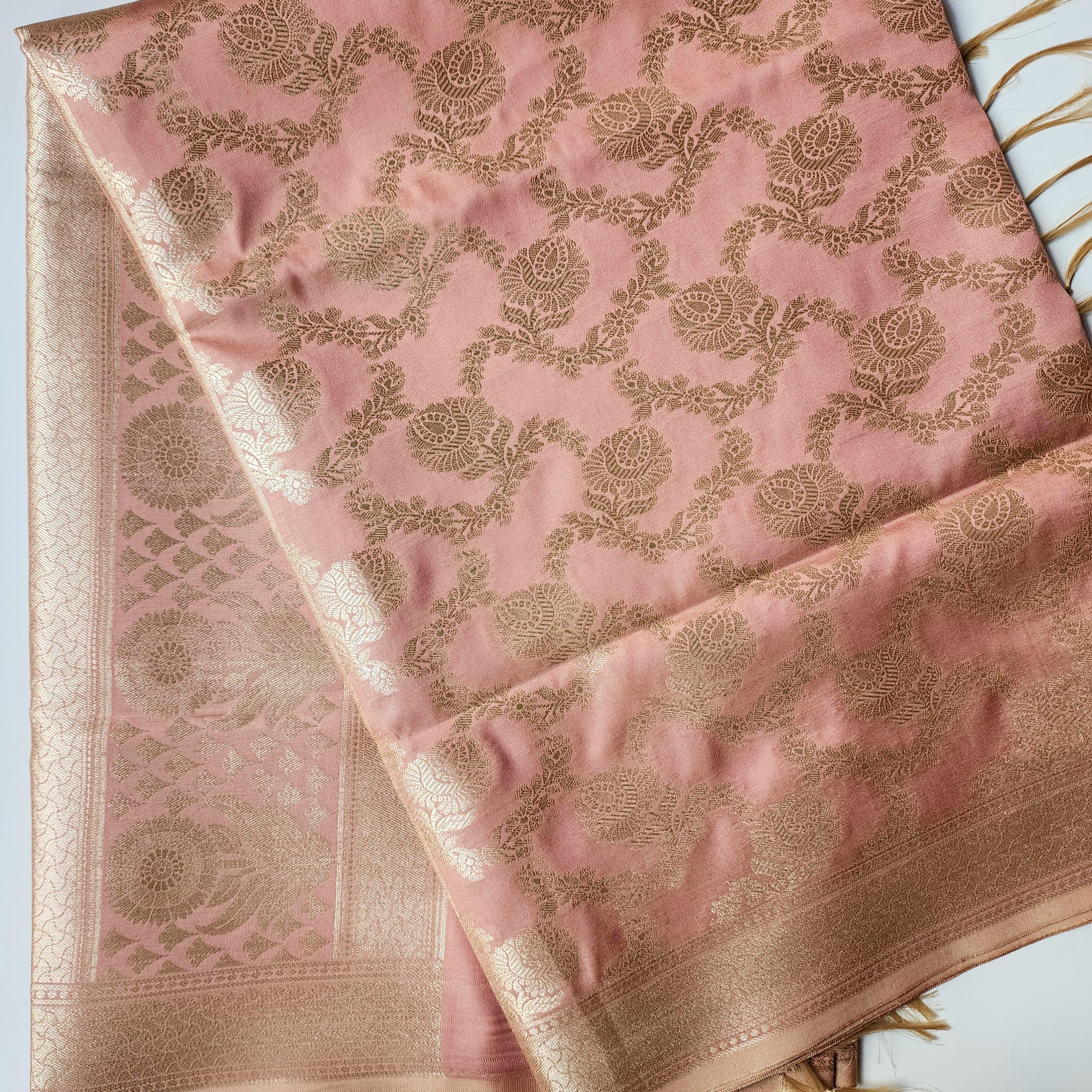 Dusty Rose Banarasi Dupatta Classic Zari Weave, Peach Pink Elegance