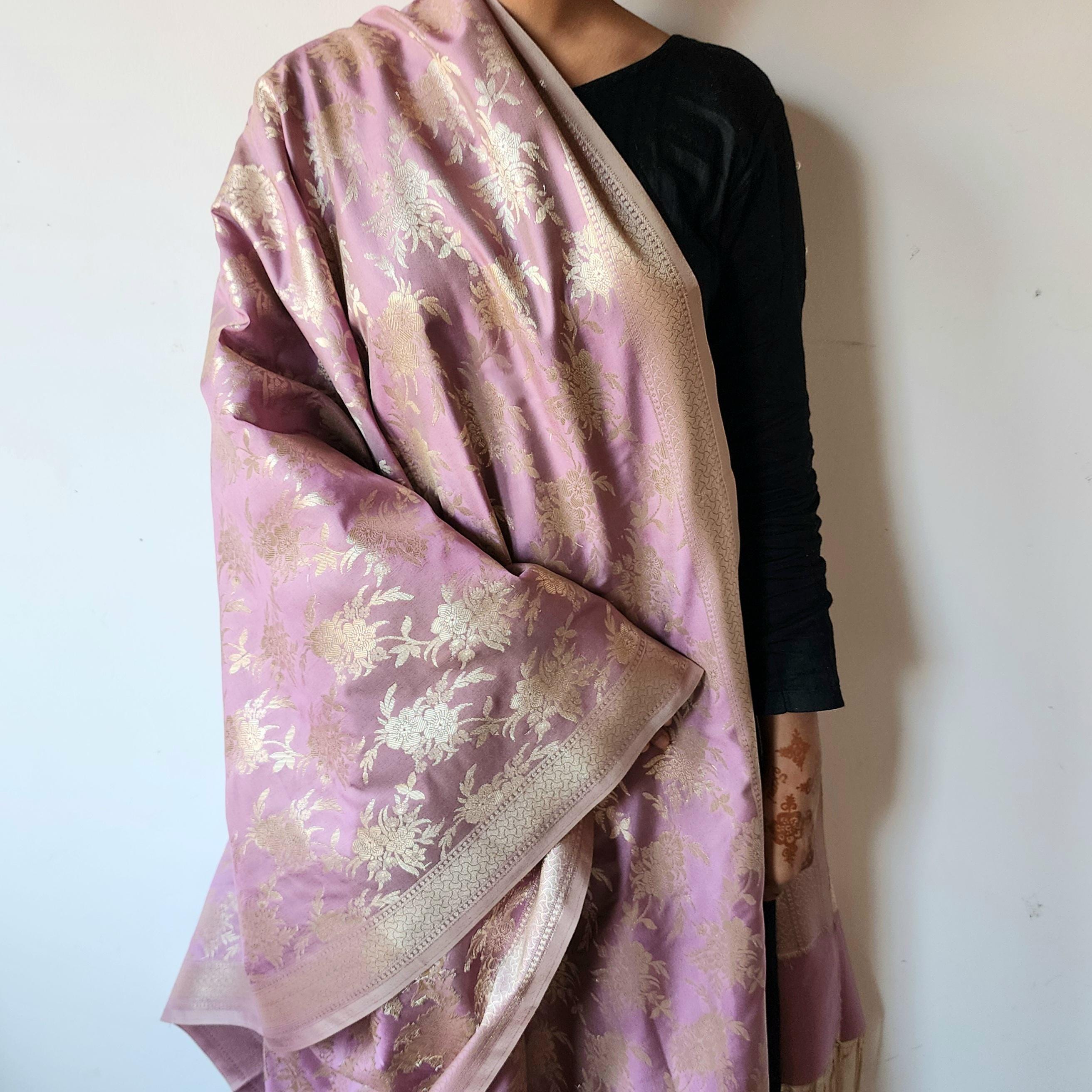 Dusty Rose Pink Banarasi Dupatta Floral Gold Motifs, Subtle Vintage Appeal