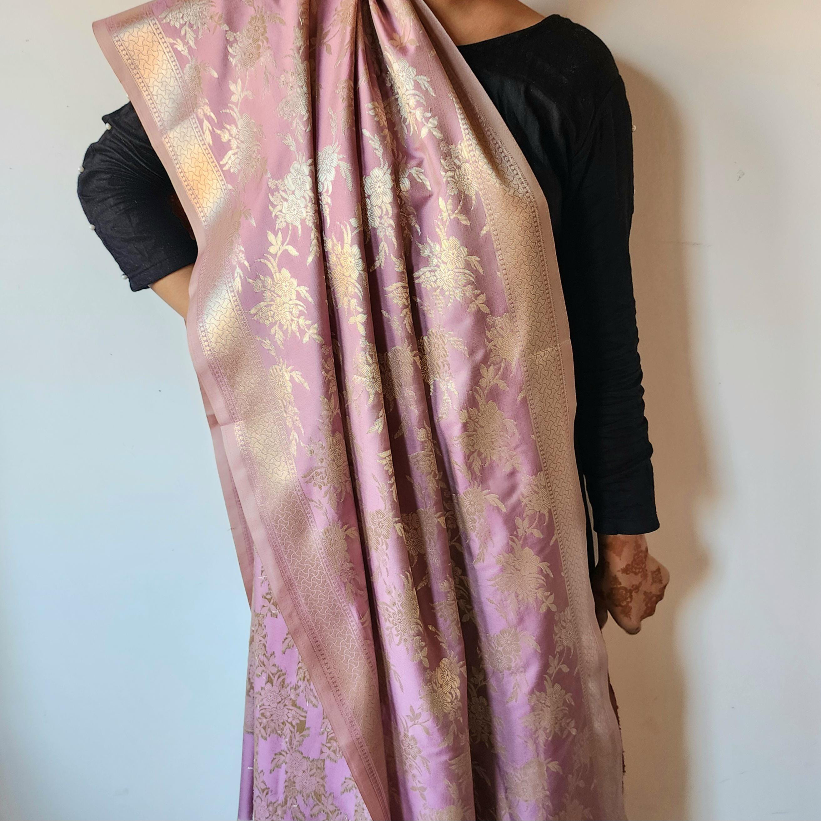 Dusty Rose Pink Banarasi Dupatta Floral Gold Motifs, Subtle Vintage Appeal
