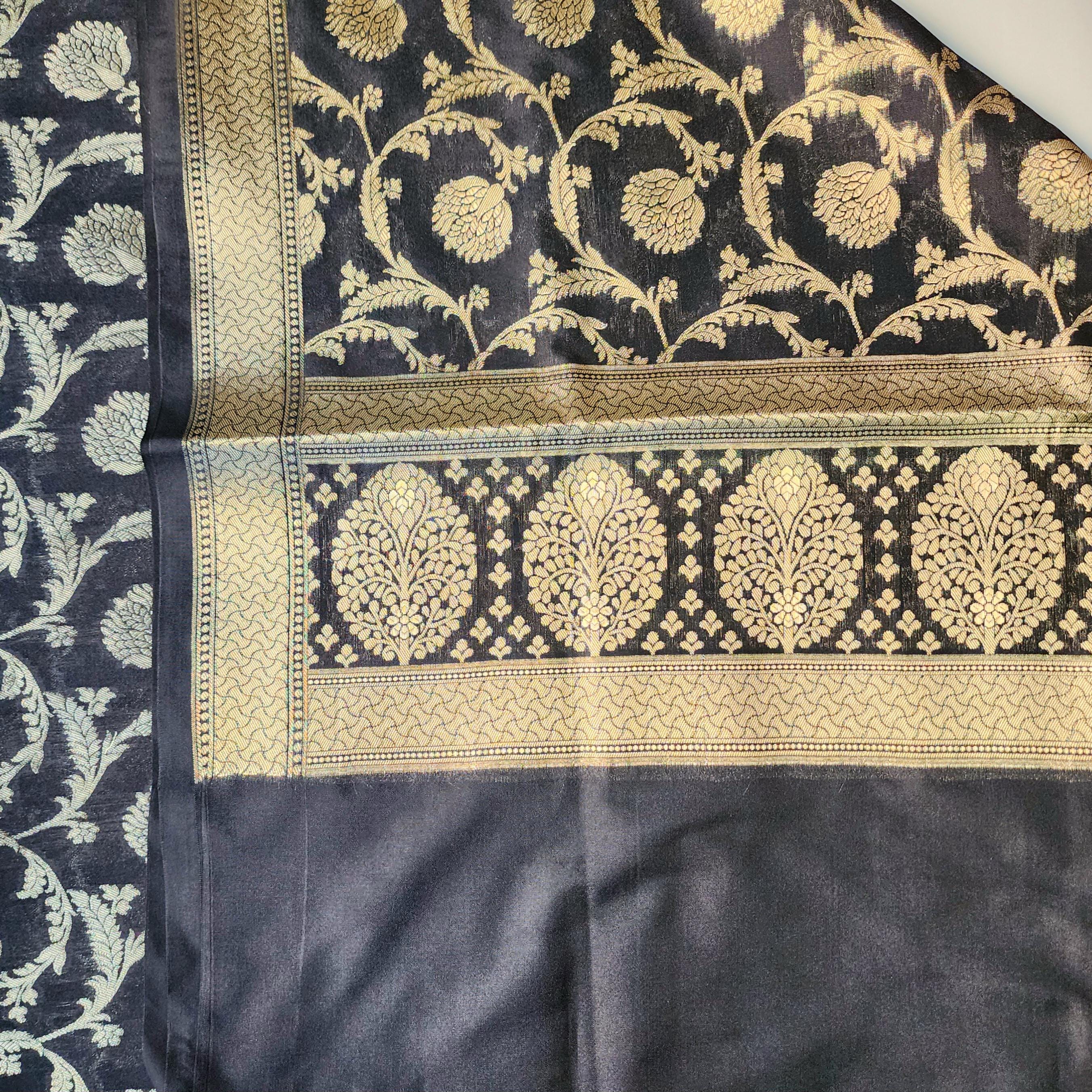 Elegant Black Banarasi Dupatta Golden Floral Weave, Timeless Festive Classic