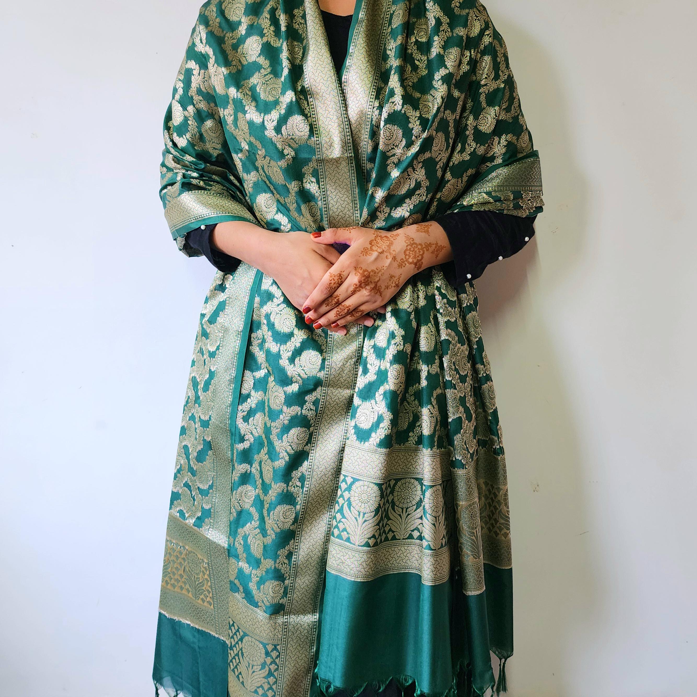 Emerald Green Banarasi Dupatta Handwoven Golden Motifs, Festive Favorite
