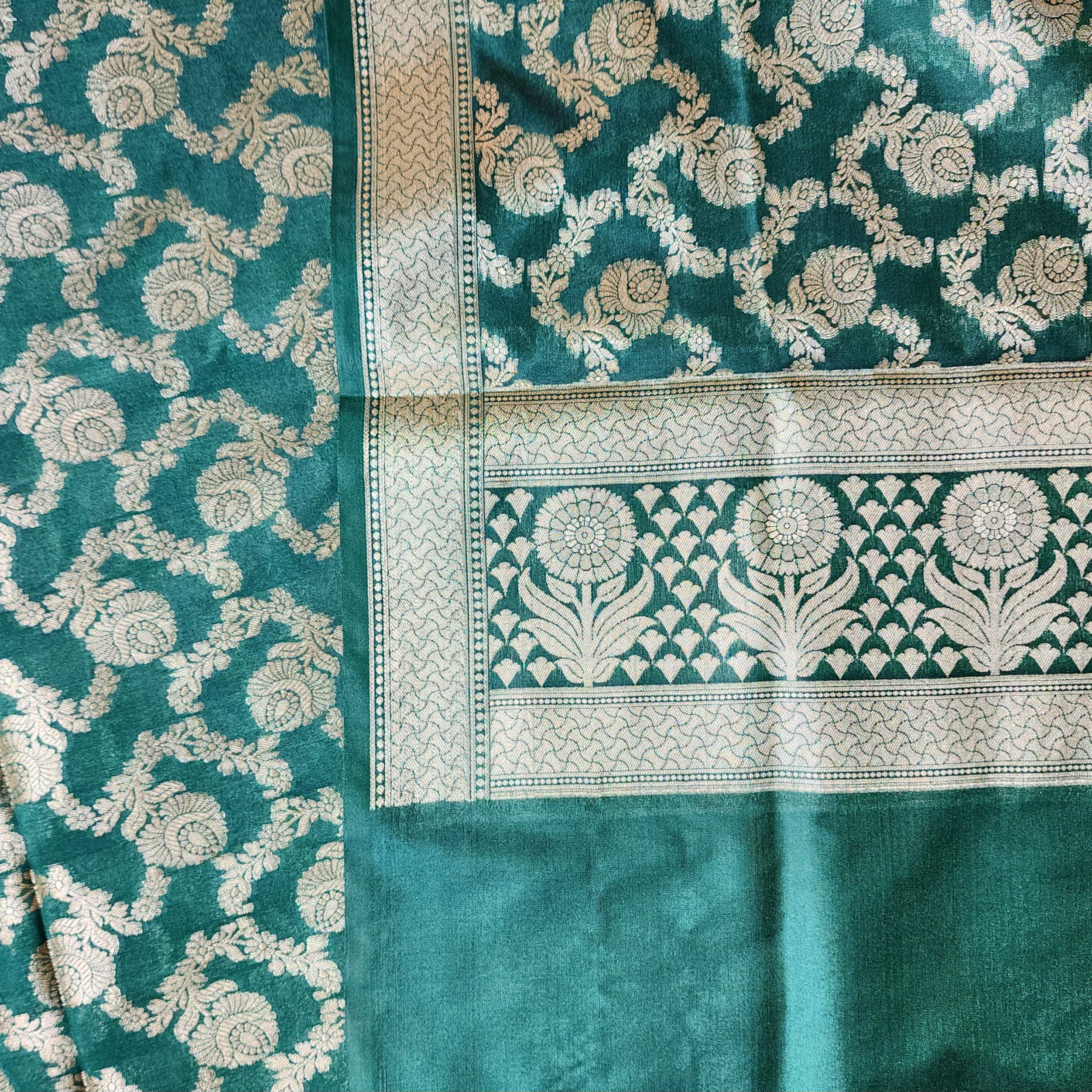 Emerald Green Banarasi Dupatta Handwoven Golden Motifs, Festive Favorite