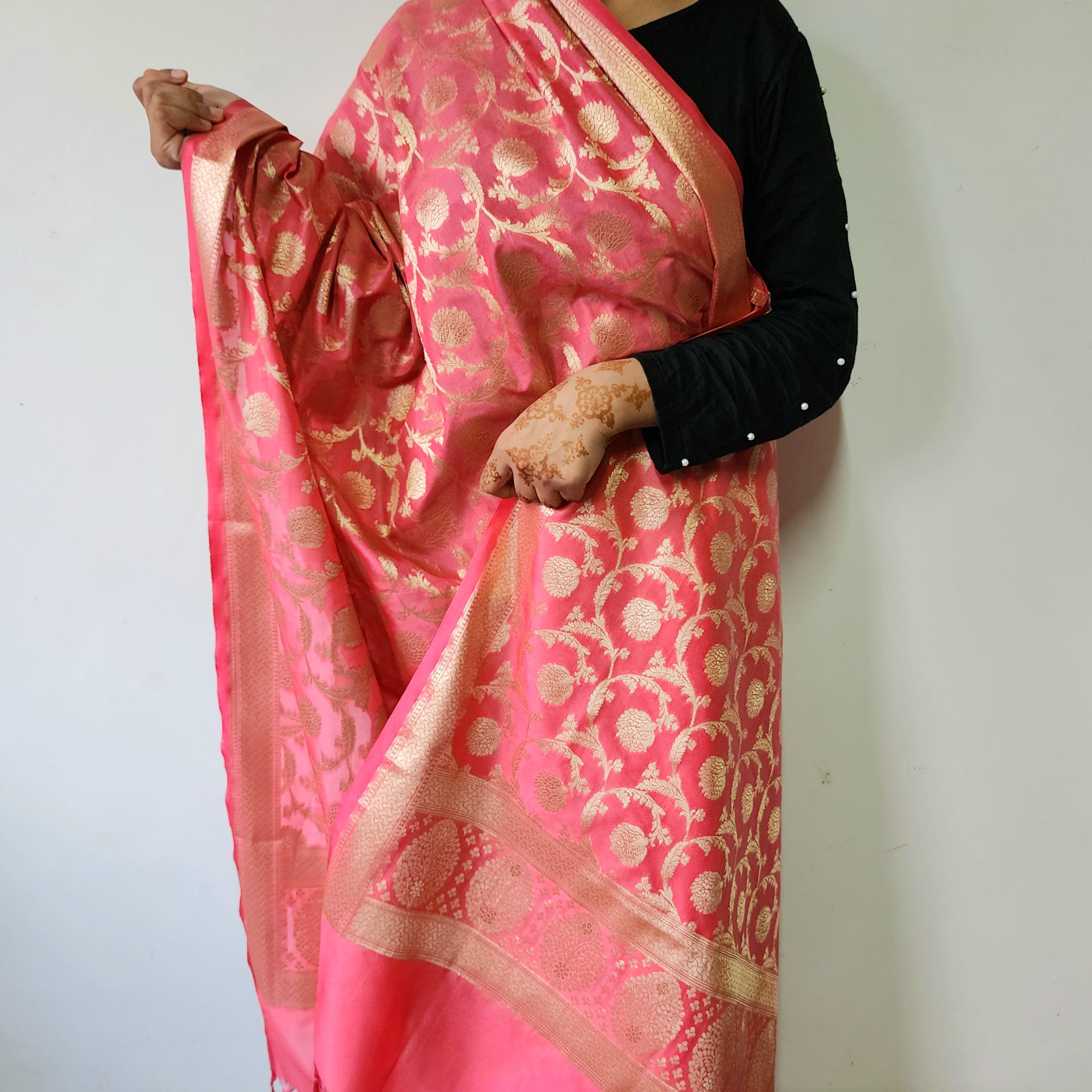 Graceful Rose Pink Banarasi Dupatta Soft Golden Weave, Subtle & Feminine Charm