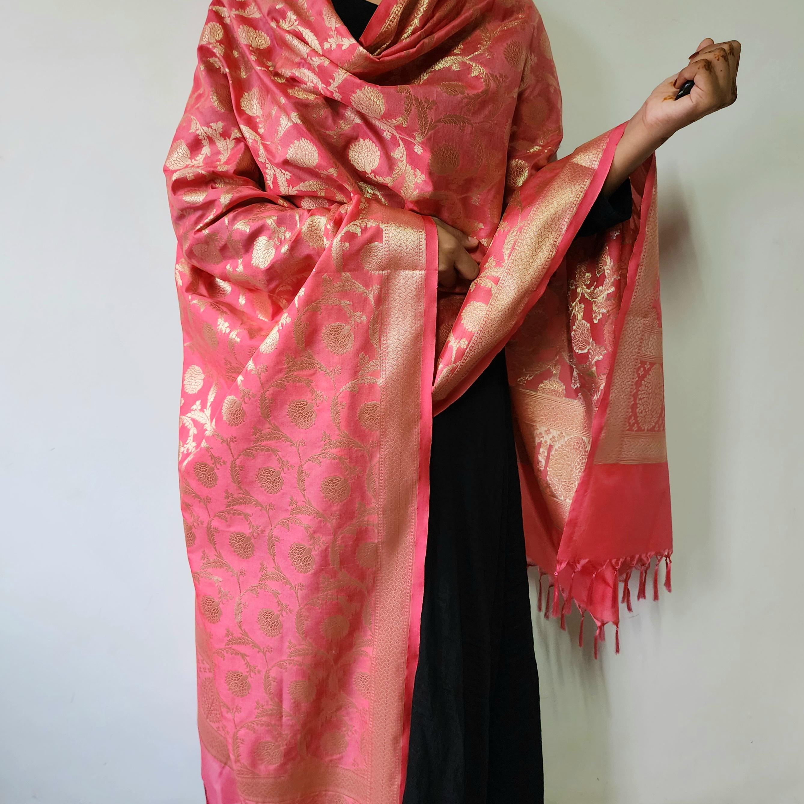 Graceful Rose Pink Banarasi Dupatta Soft Golden Weave, Subtle & Feminine Charm