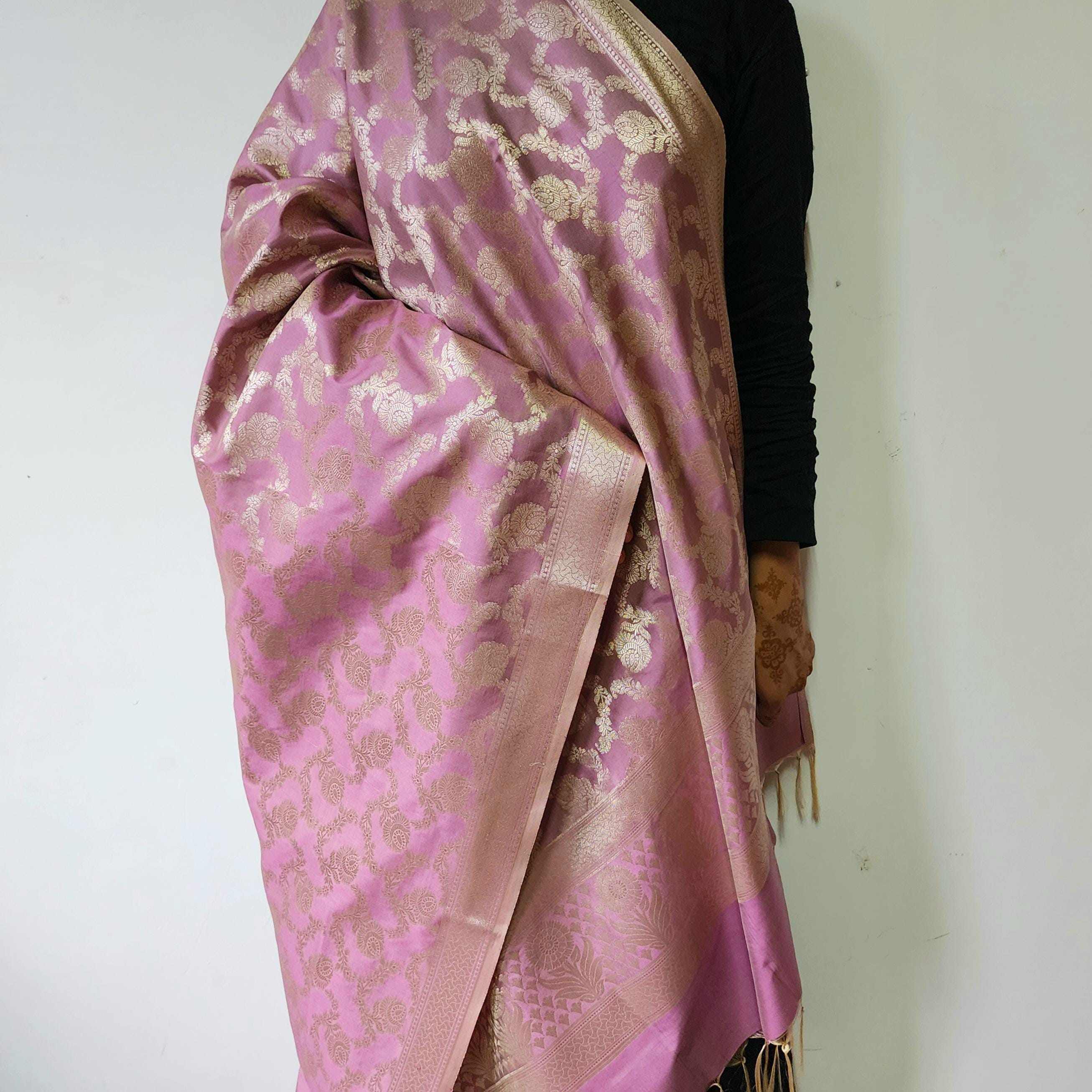 Lavender Pink Banarasi Dupatta Golden Floral Brocade, Subtle Royal Touch