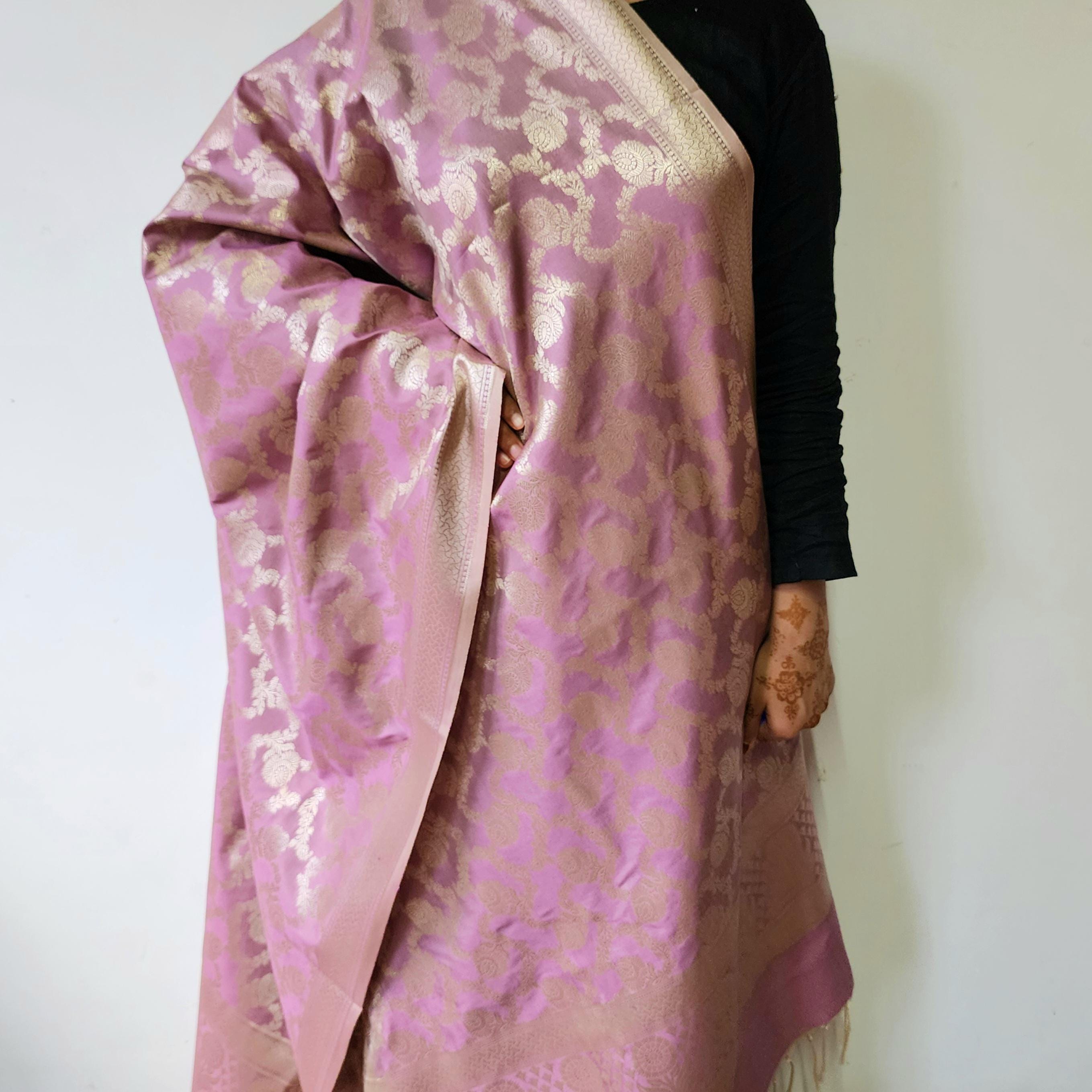 Lavender Pink Banarasi Dupatta Golden Floral Brocade, Subtle Royal Touch