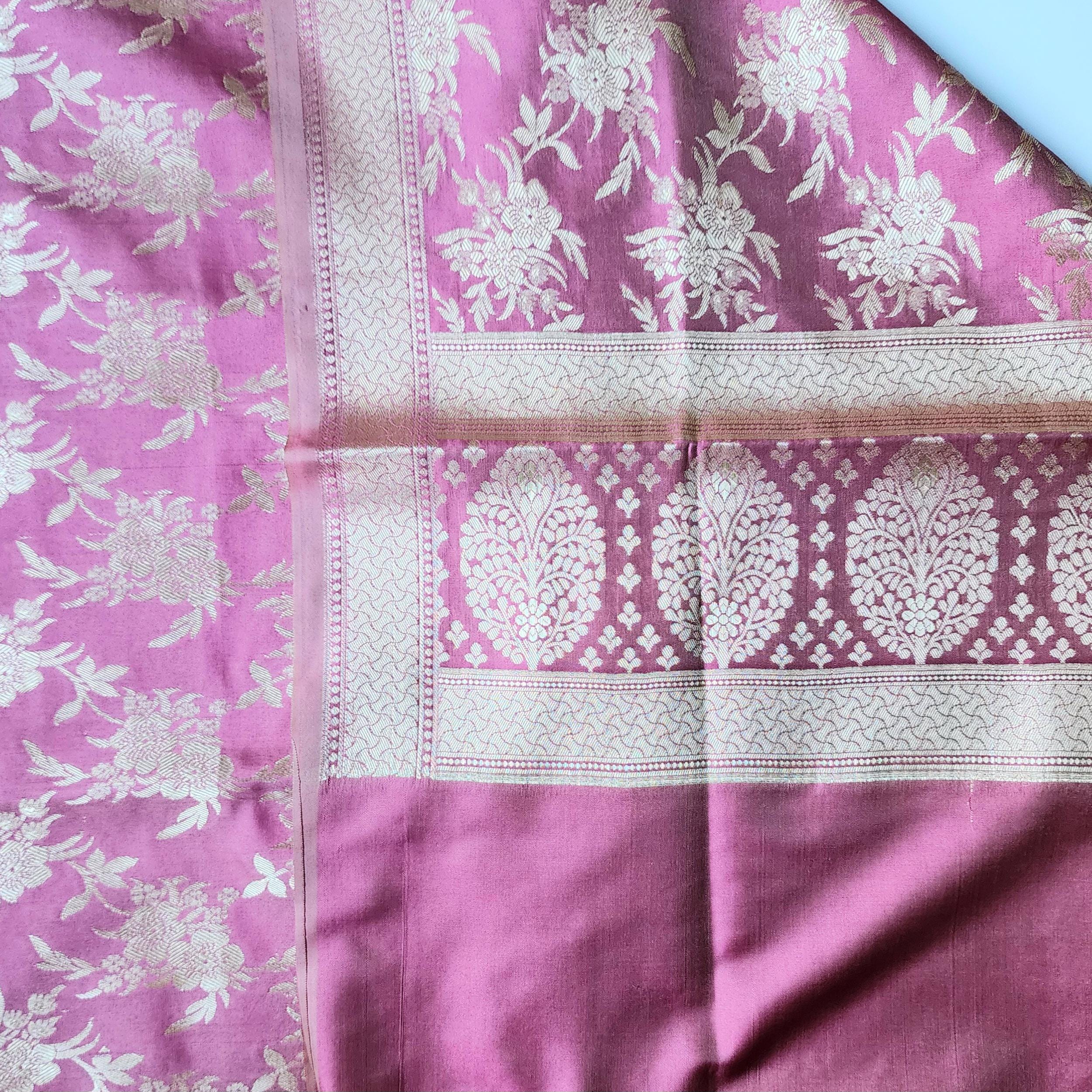 Lavender Pink Mist Banarasi Dupatta Golden Bloom Design, Gentle Sophistication