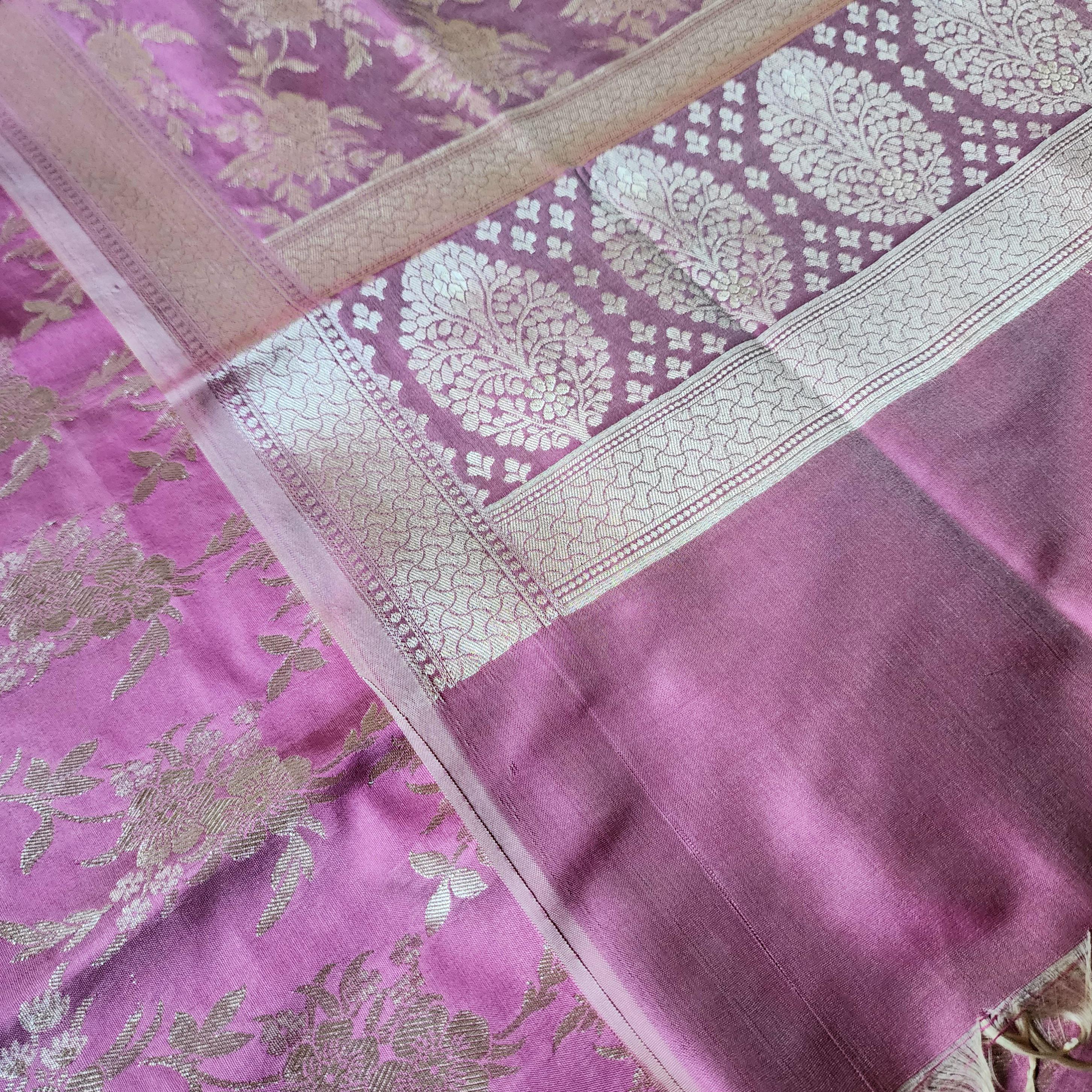Lavender Pink Mist Banarasi Dupatta Golden Bloom Design, Gentle Sophistication